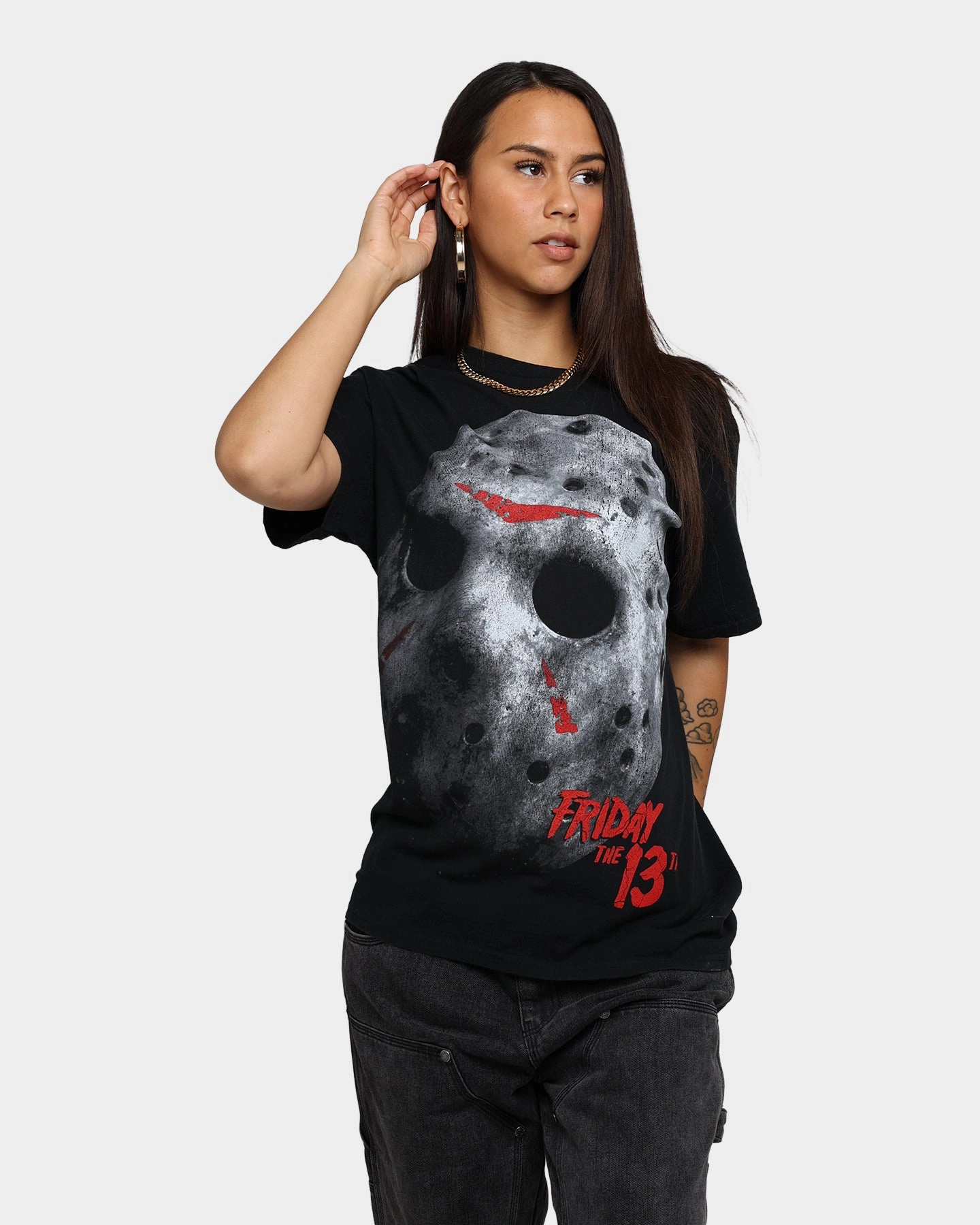 American Thrift X Friday The 13th Jason's Mask Vintage T-Shirt Black Wash Layered Collar Structure