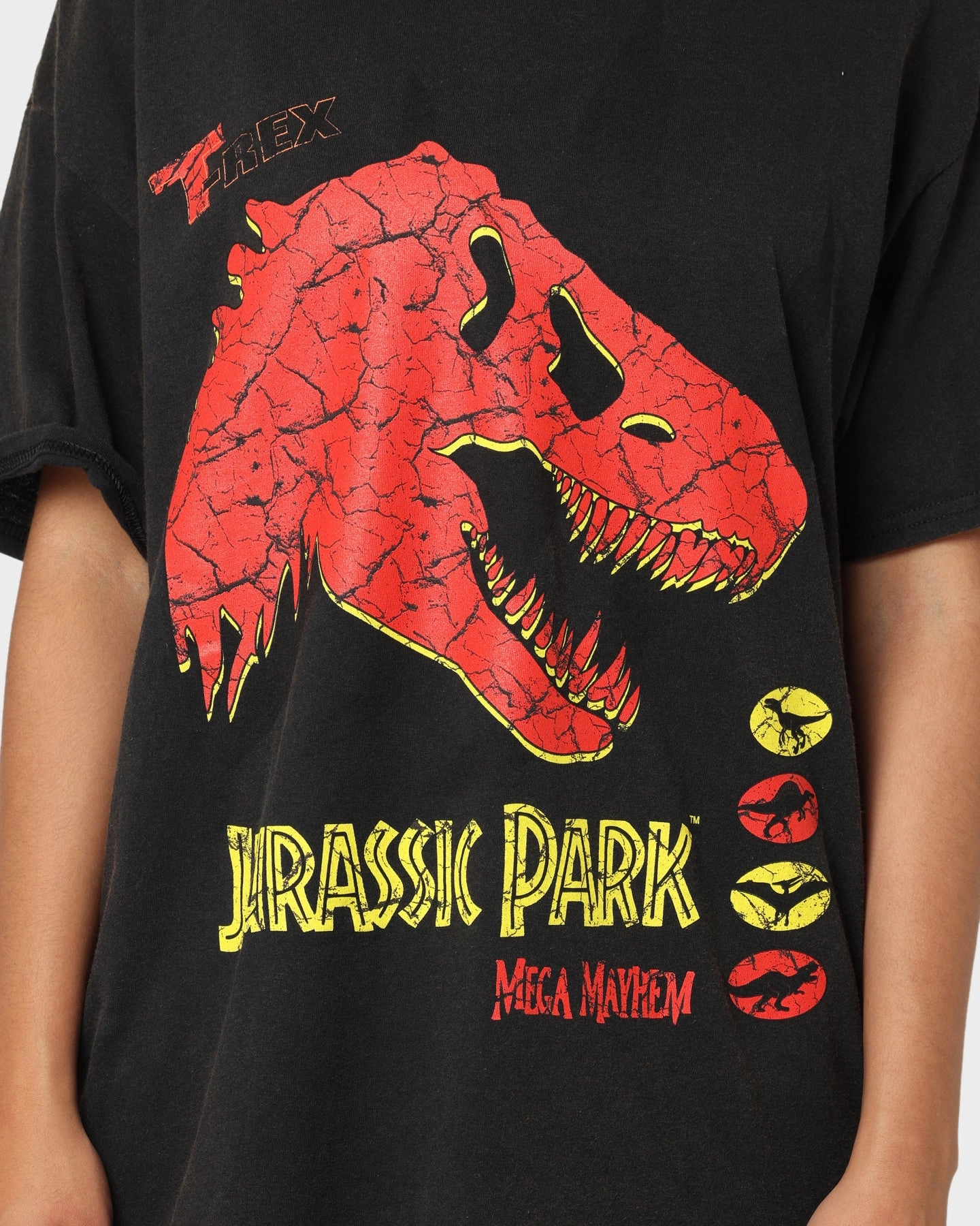 American Thrift X Jurassic Park Mega Mayhem Vintage T-Shirt Black Wash Wrinkle-Free Reinforced Shoulder Stitching