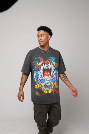 American Thrift X Looney Tunes Taz Motorcycles Heavyweight Vintage T-Shirt Black Wash Oversized Silhouette