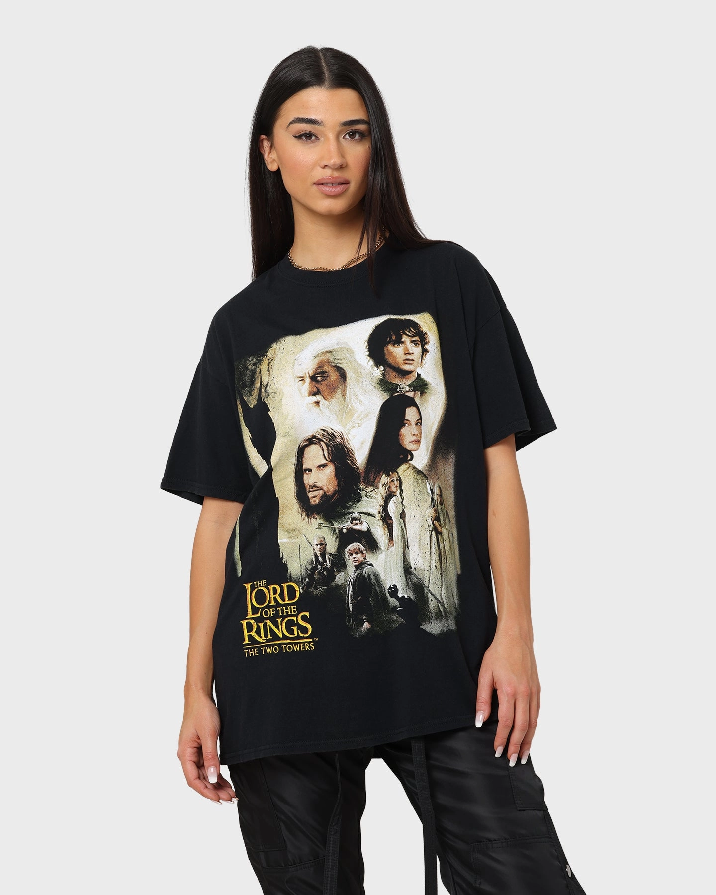 American Thrift X Lord Of The Rings The Two Towers Poster Vintage T-Shirt Washed Black Versatile Comfort Effortless Wearable