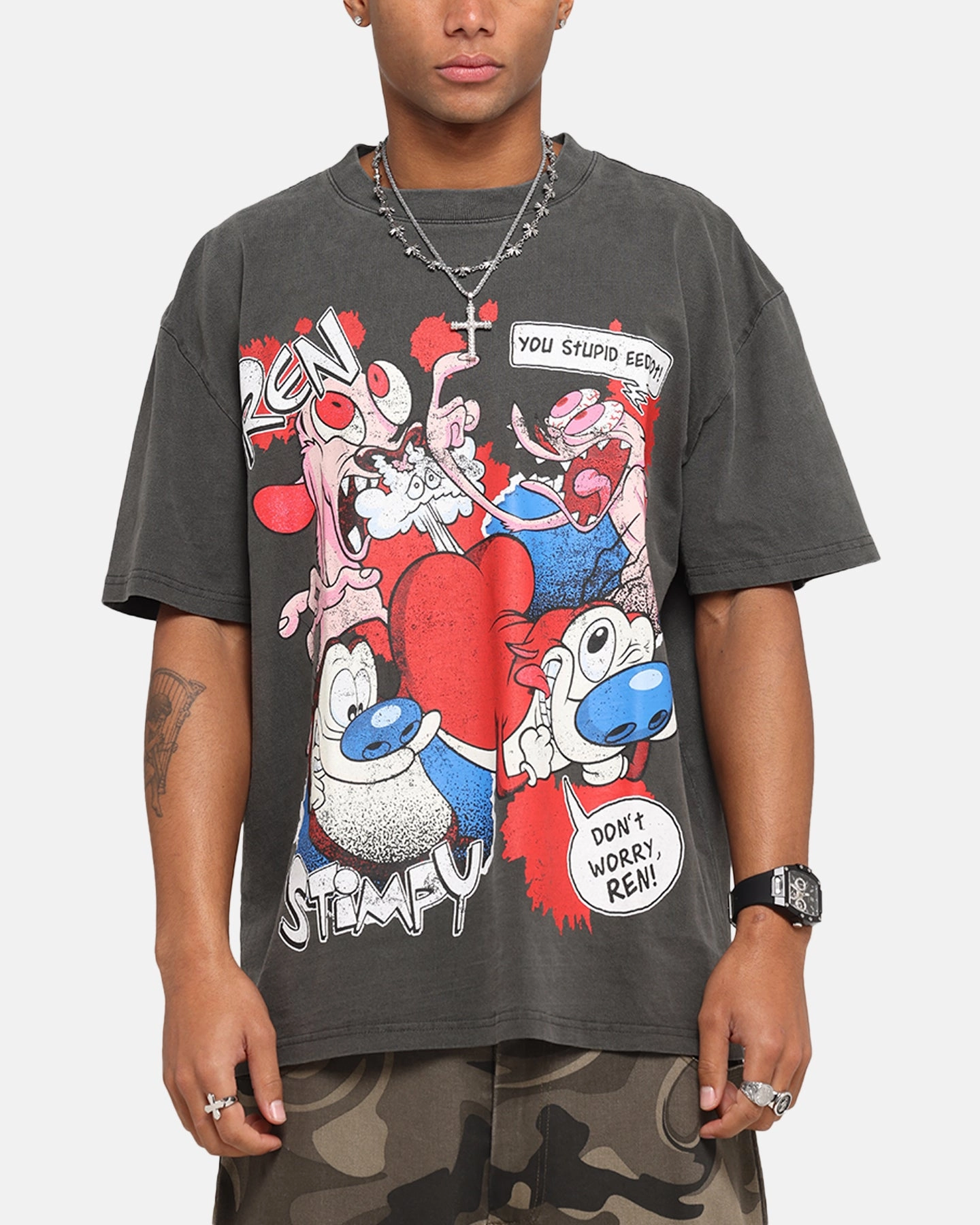 American Thrift X Nickelodeon Ren And Stimpy Heavy T-Shirt Black Wash Crew neck classic