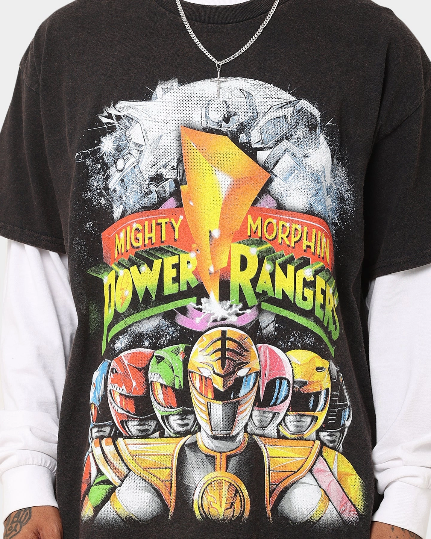 Non Fading Material American Thrift X Power Rangers Mighty Morphin Vintage T-Shirt Black Wash