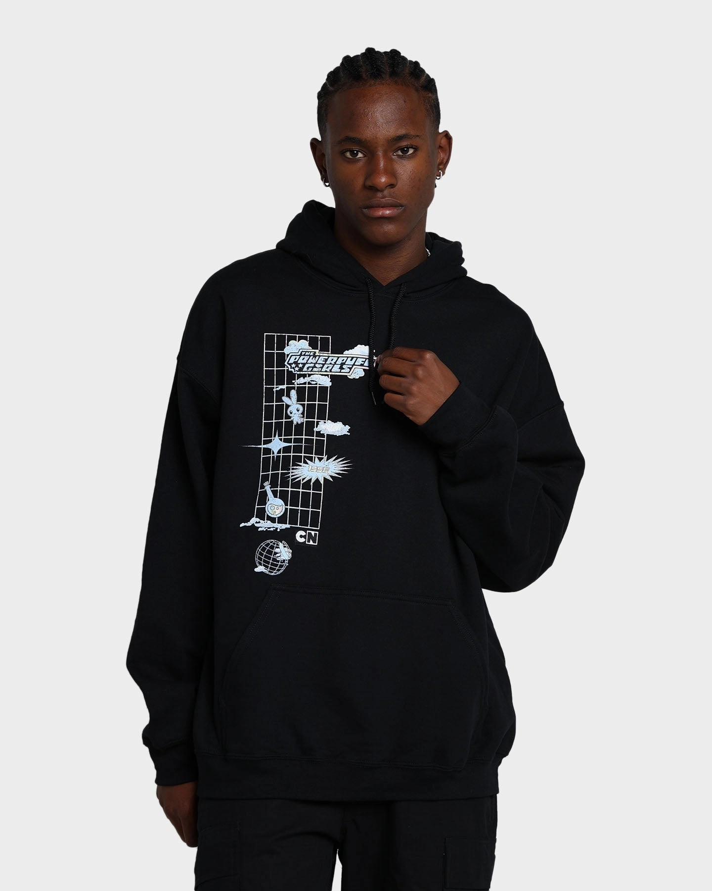 American Thrift X Powerpuff Girls Powerpuff Grid Logo Hoodie Black Contoured Fit