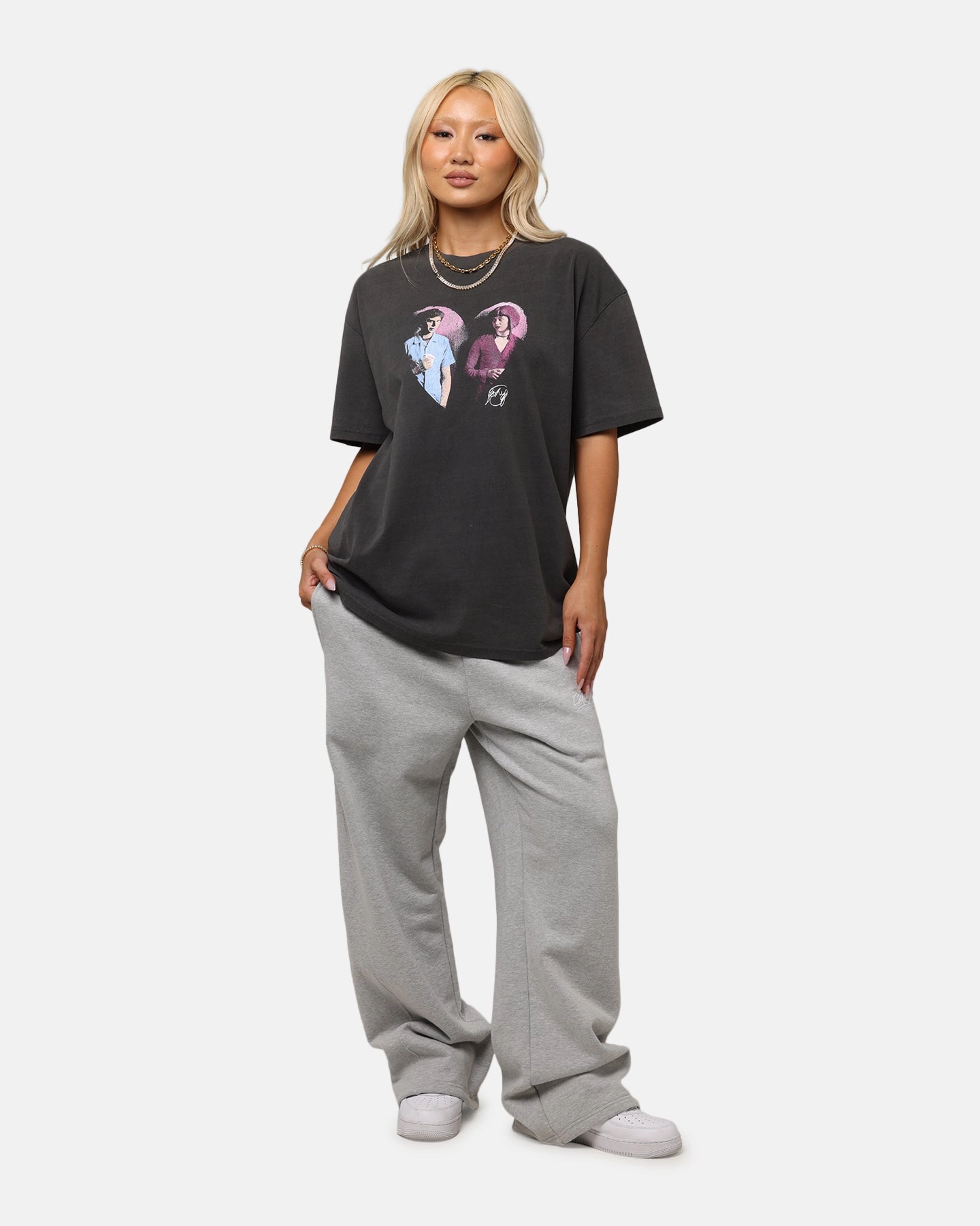 American Thrift X Scott Pilgrim Ramona & Scott Heavy T-Shirt Black Wash SoftenedTexturedWeave Natural Fiber Blend