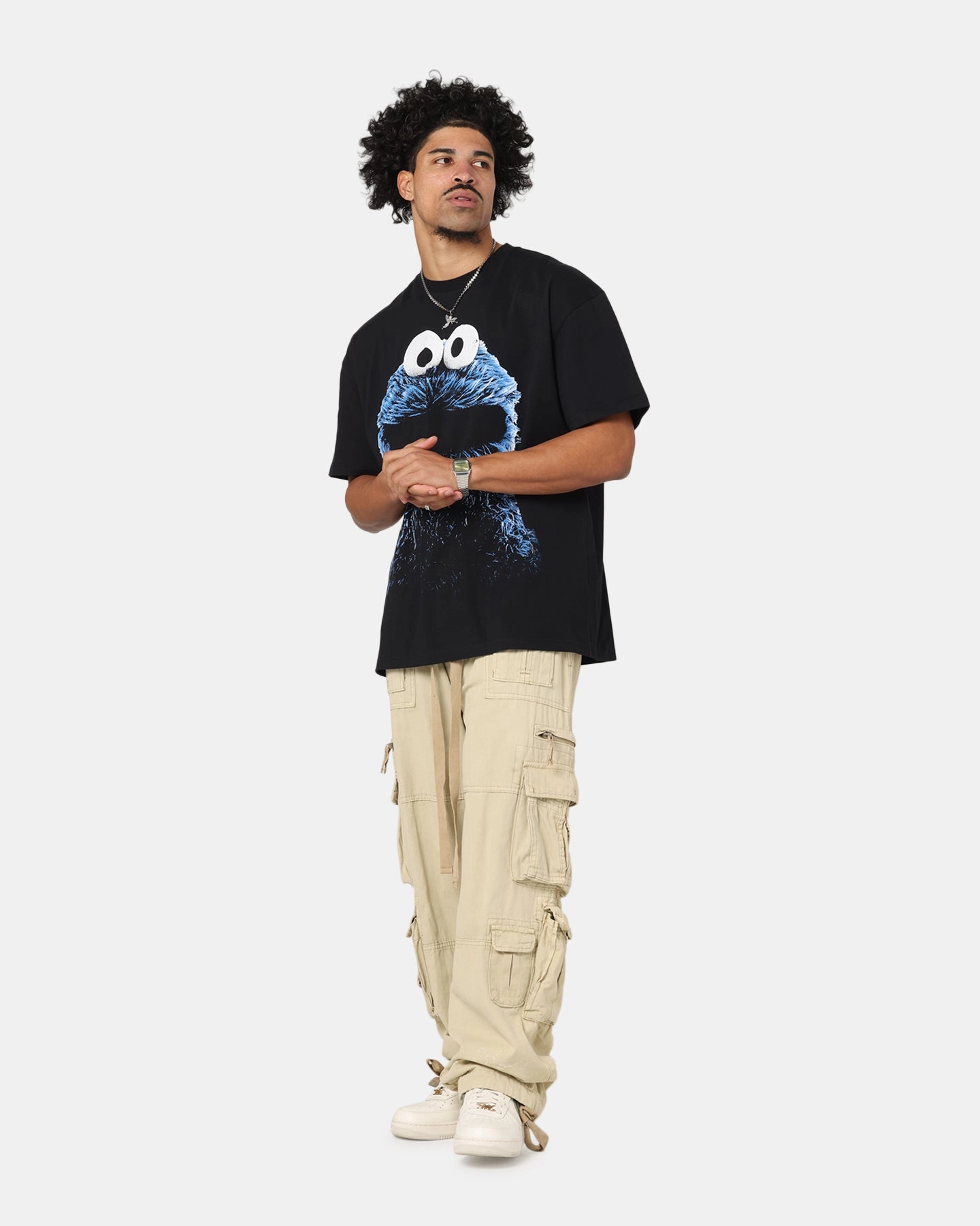 American Thrift X Sesame Street Cookie Monster Grail Heavy T-Shirt Black Drip Dry Fabric