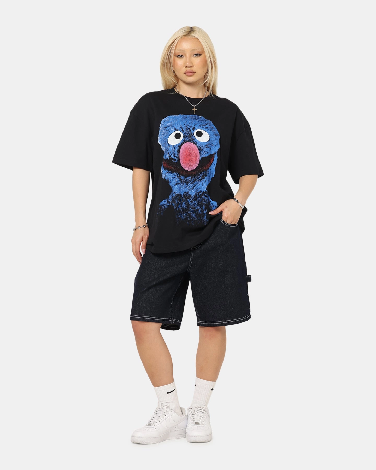 American Thrift X Sesame Street Grover Grail Heavy T-Shirt Black Weekend Style Easy Wear Look