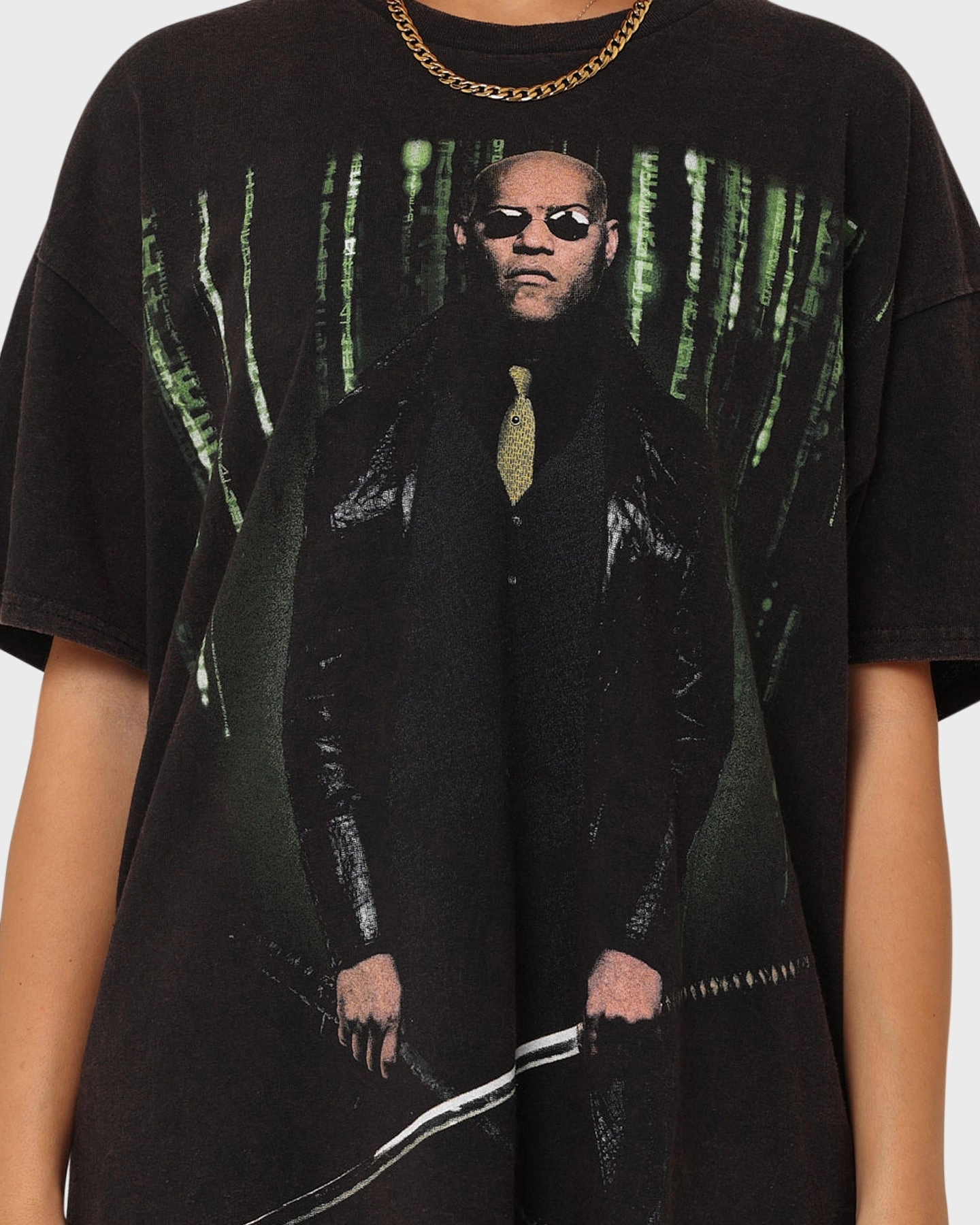 American Thrift X The Matrix Morpheus Vintage T-Shirt Black Wash Wrinkle Resistant Texture Everyday Outfit