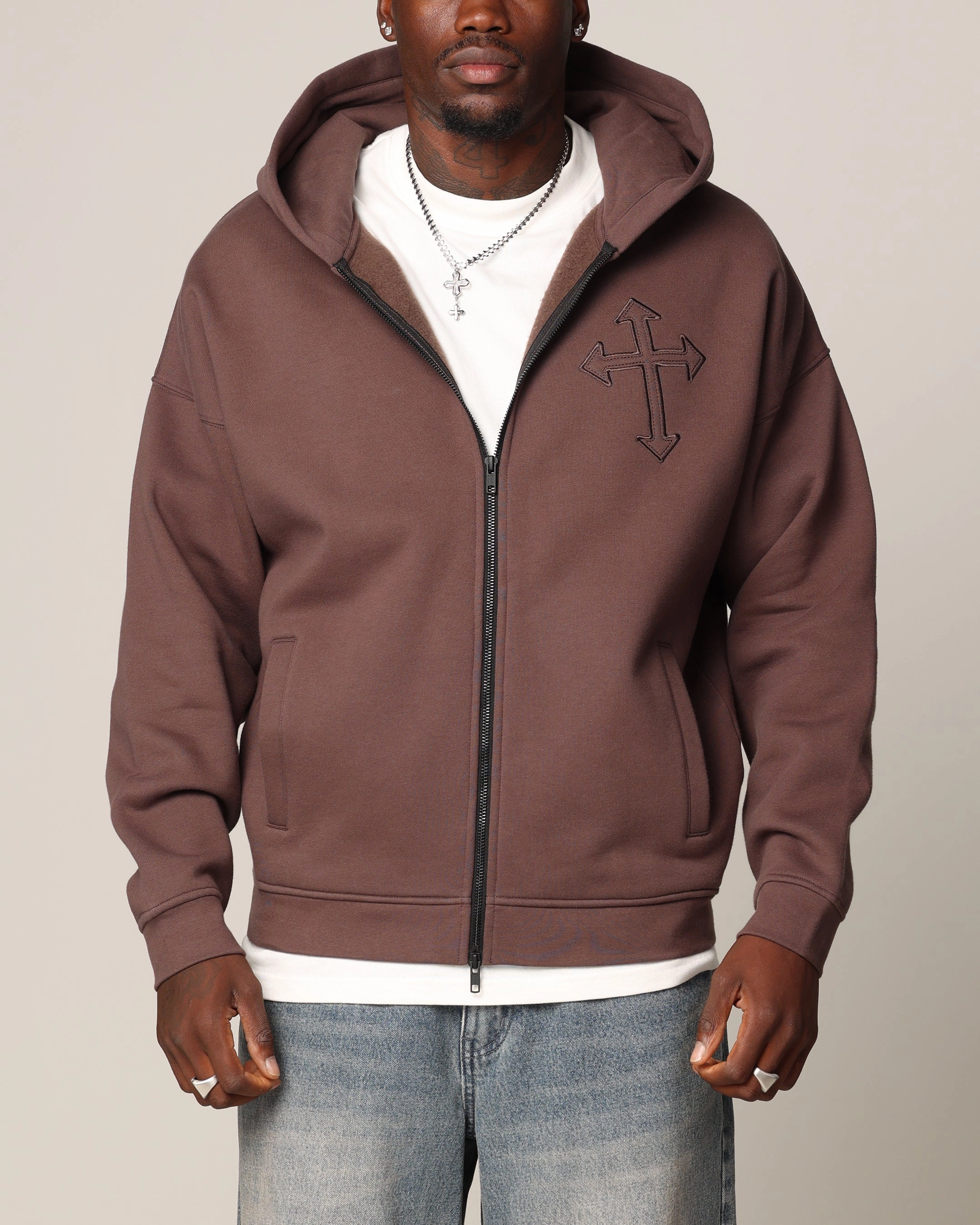Soft Interior Lining Saint Morta Sorrows Zip Hoodie Chocolate
