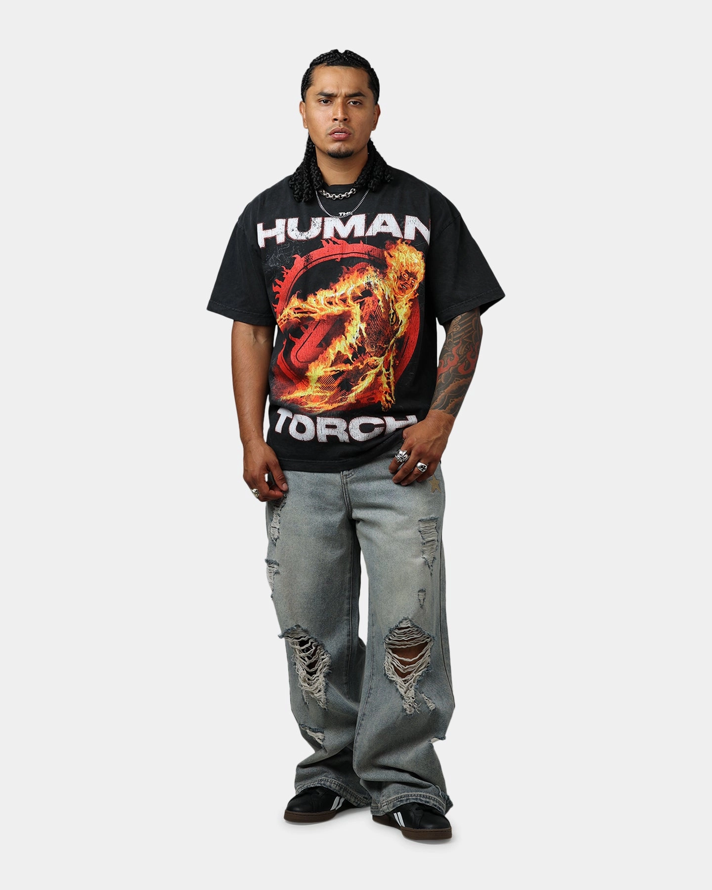 Chill Design Goat Crew Marvel Fantastic Four Human Torch Fire Vintage T-Shirt Black Acidwash