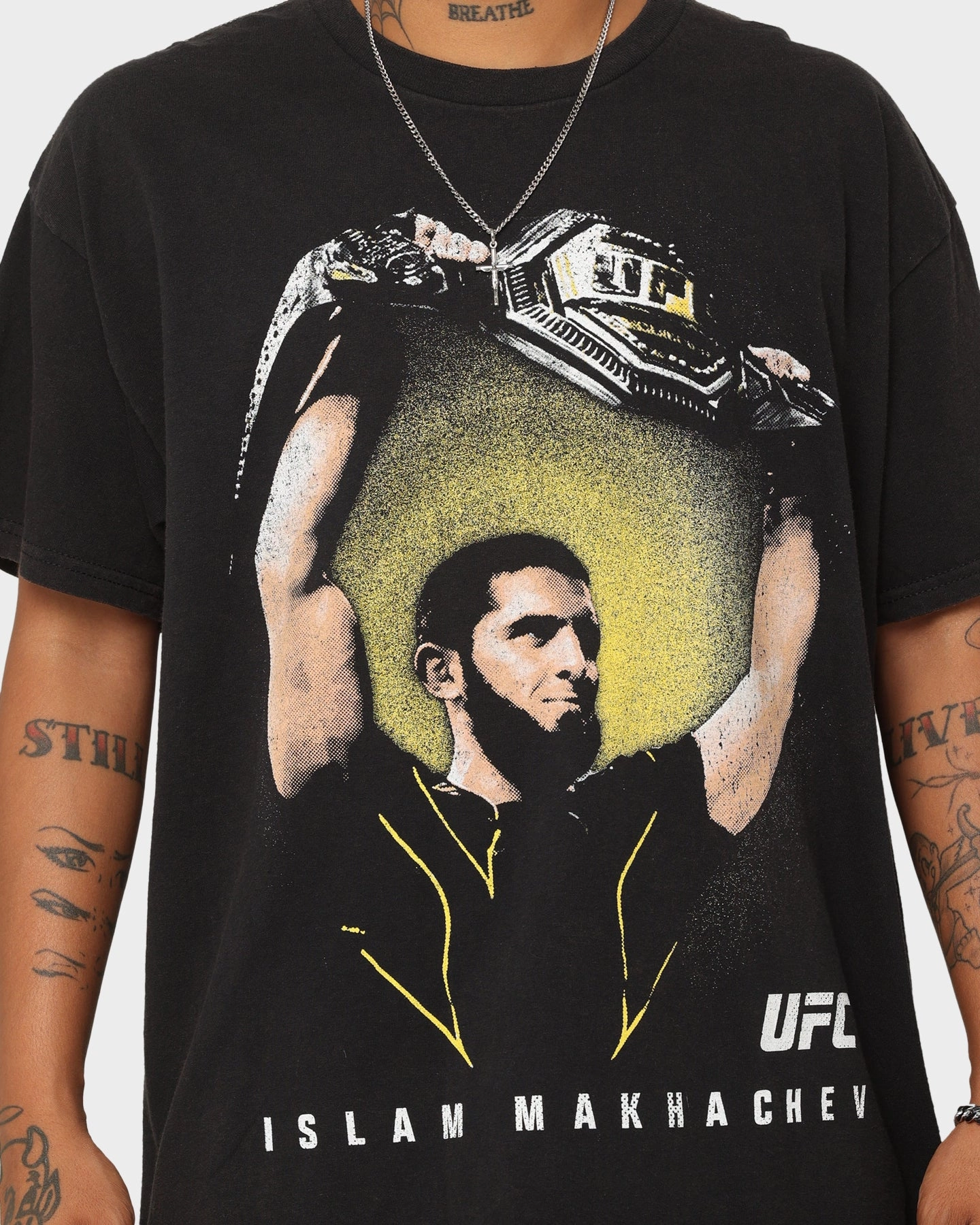 Soft Touch Texture Multi Panel Design UFC By Goat Crew Islam Makhachev Vintage T-Shirt Black Wash
