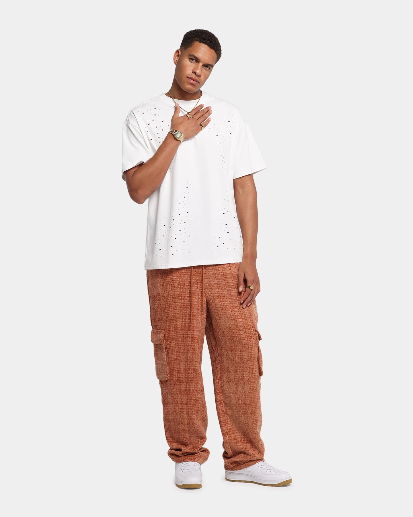 XXIII Boucle Tweed Cargo Pants Rust Modular Attachment Timeless Layers