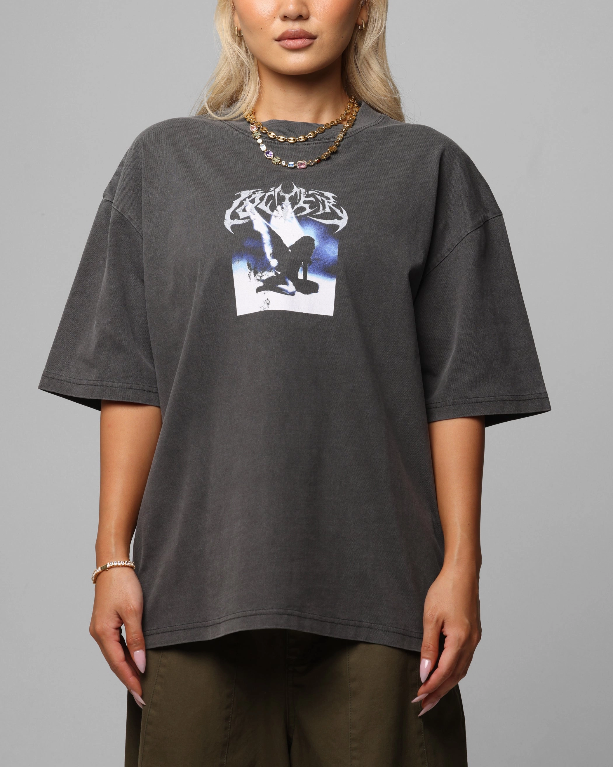 Loiter Angel Number Vintage T-Shirt Charcoal Foam Print Detail Chic Look