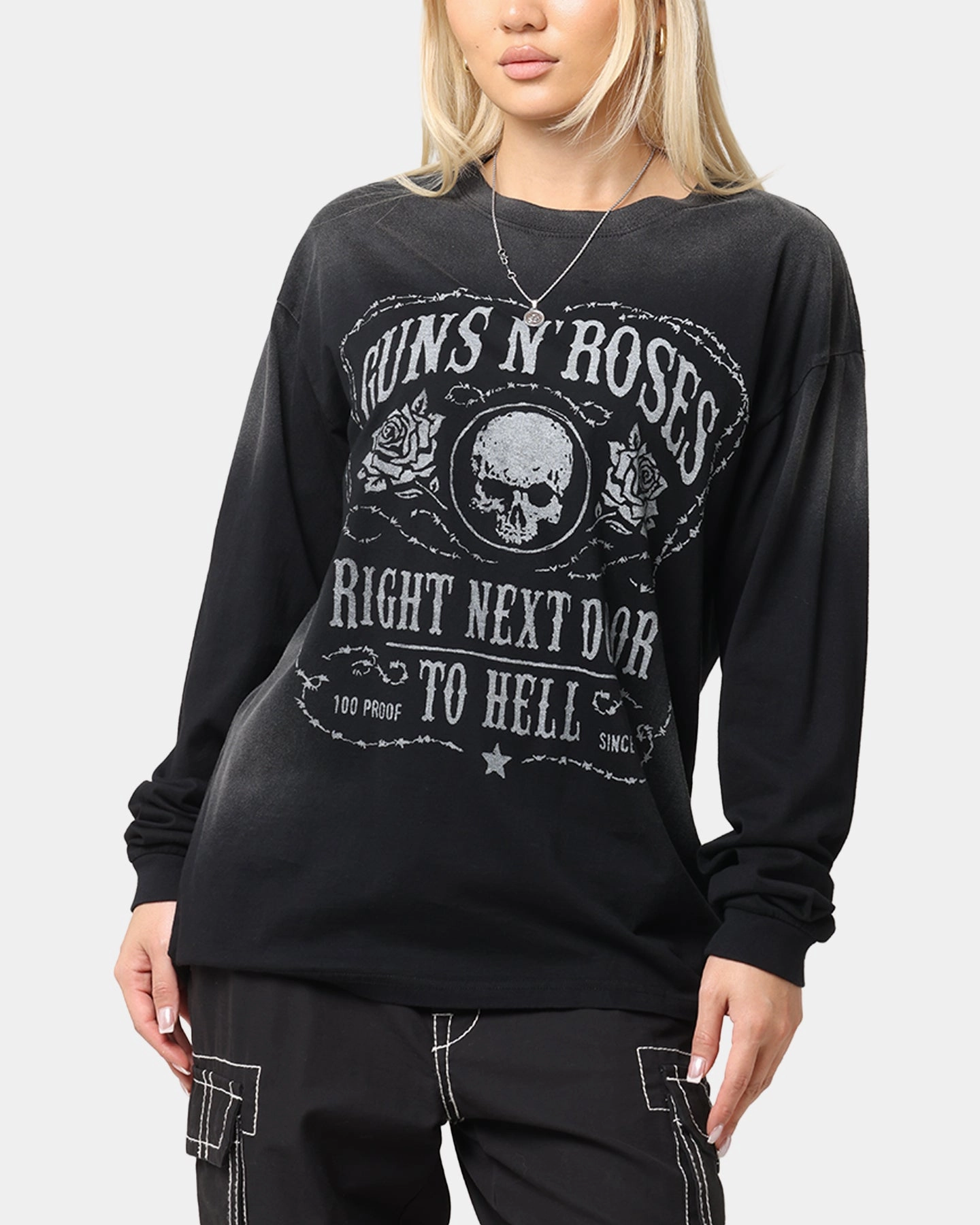 Guns N Roses Next Door To Hell Long Sleeve T-Shirt Washed Black AntiPillingTreatment
