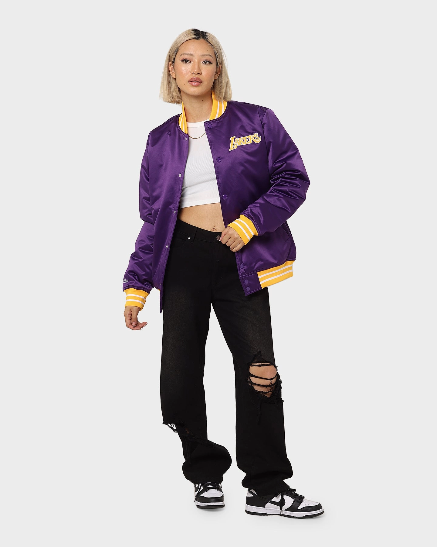 suitable for cosplay Performance Jacket Mitchell & Ness Los Angeles Lakers Heavyweight Satin Jacket Purple