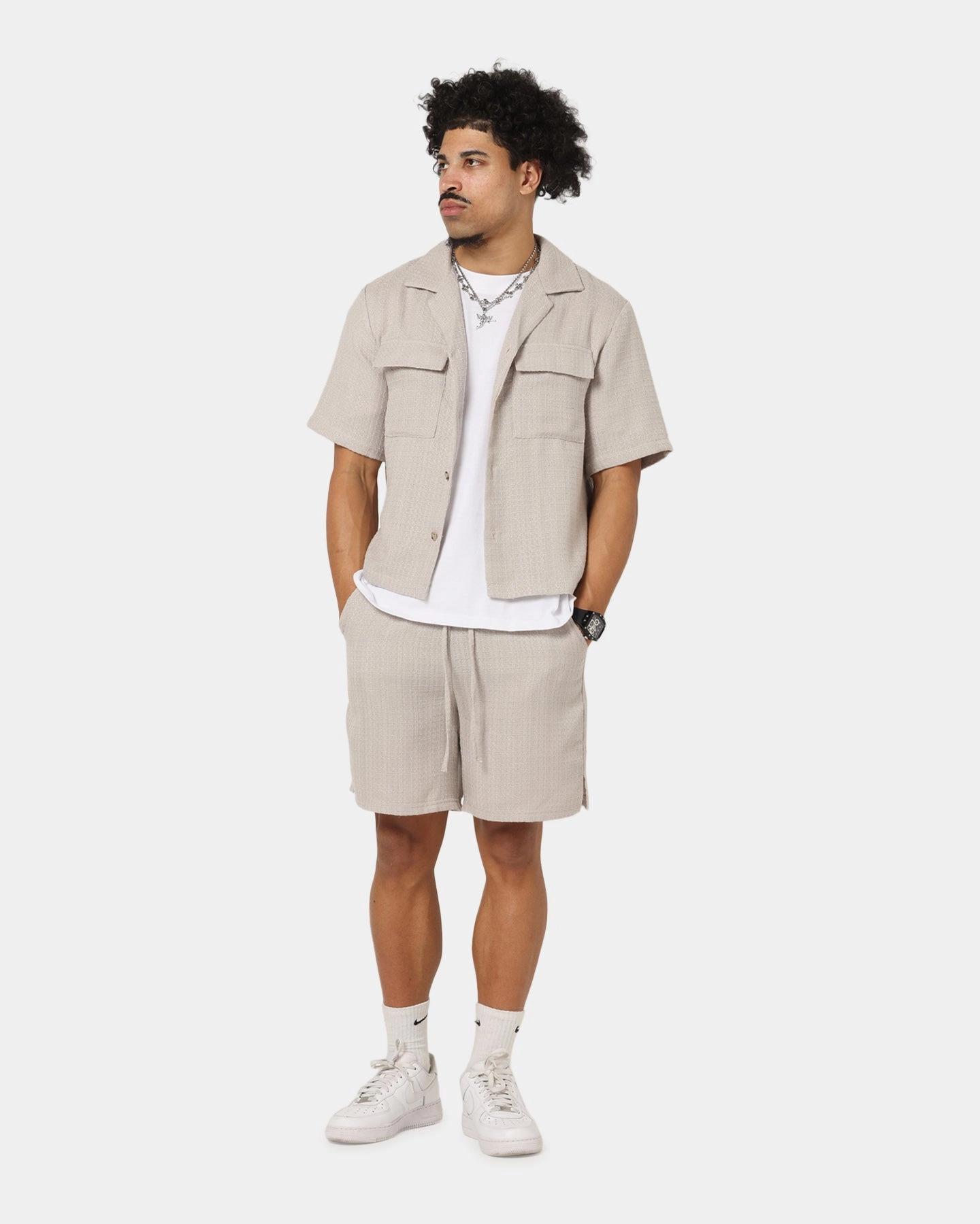XXIII Textured Button Up Shirt Stone Sheer Panel
