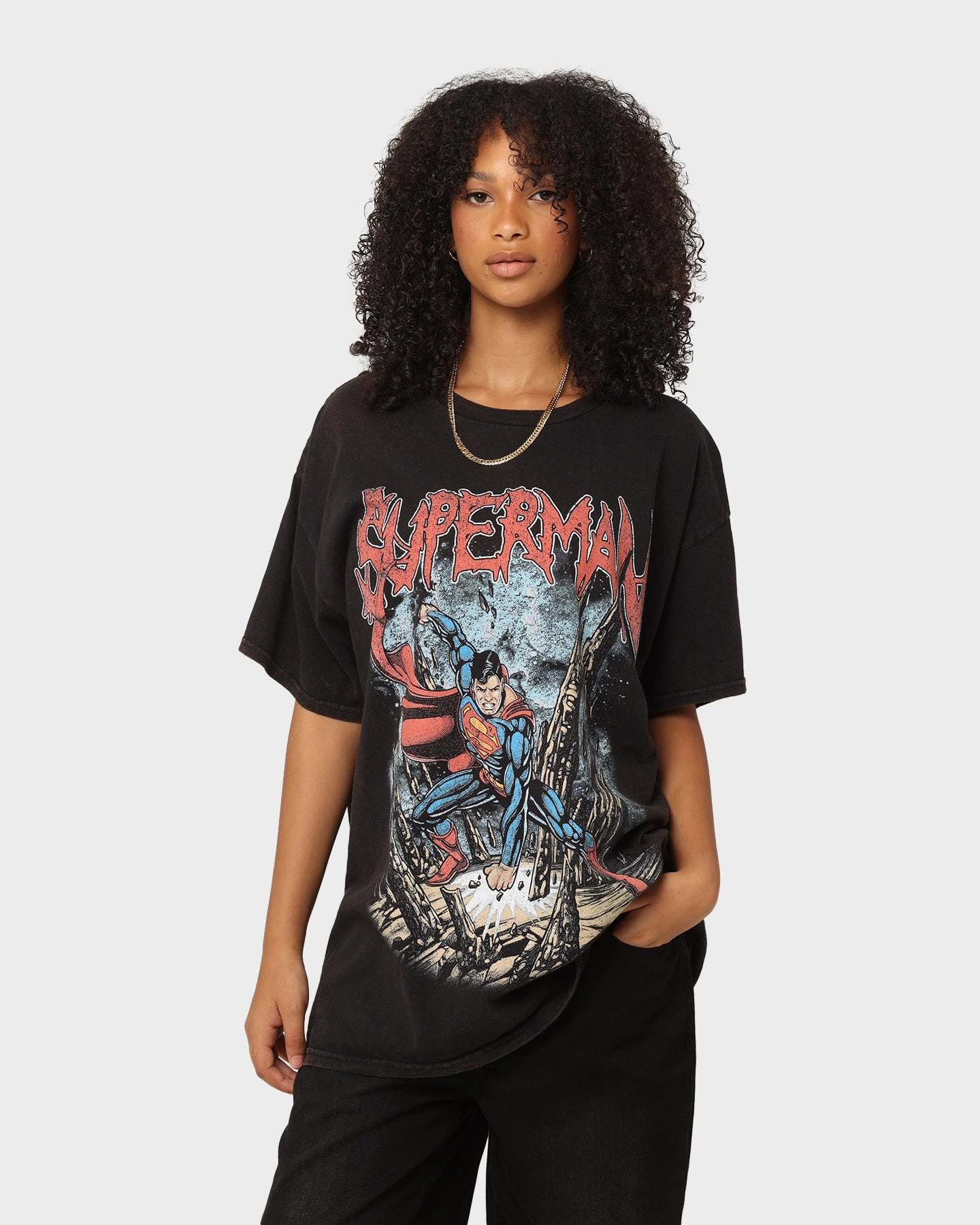 Cozy Touch Casual Layer Wear Goat Crew X DC Superman Metal Vintage T-Shirt Black Wash