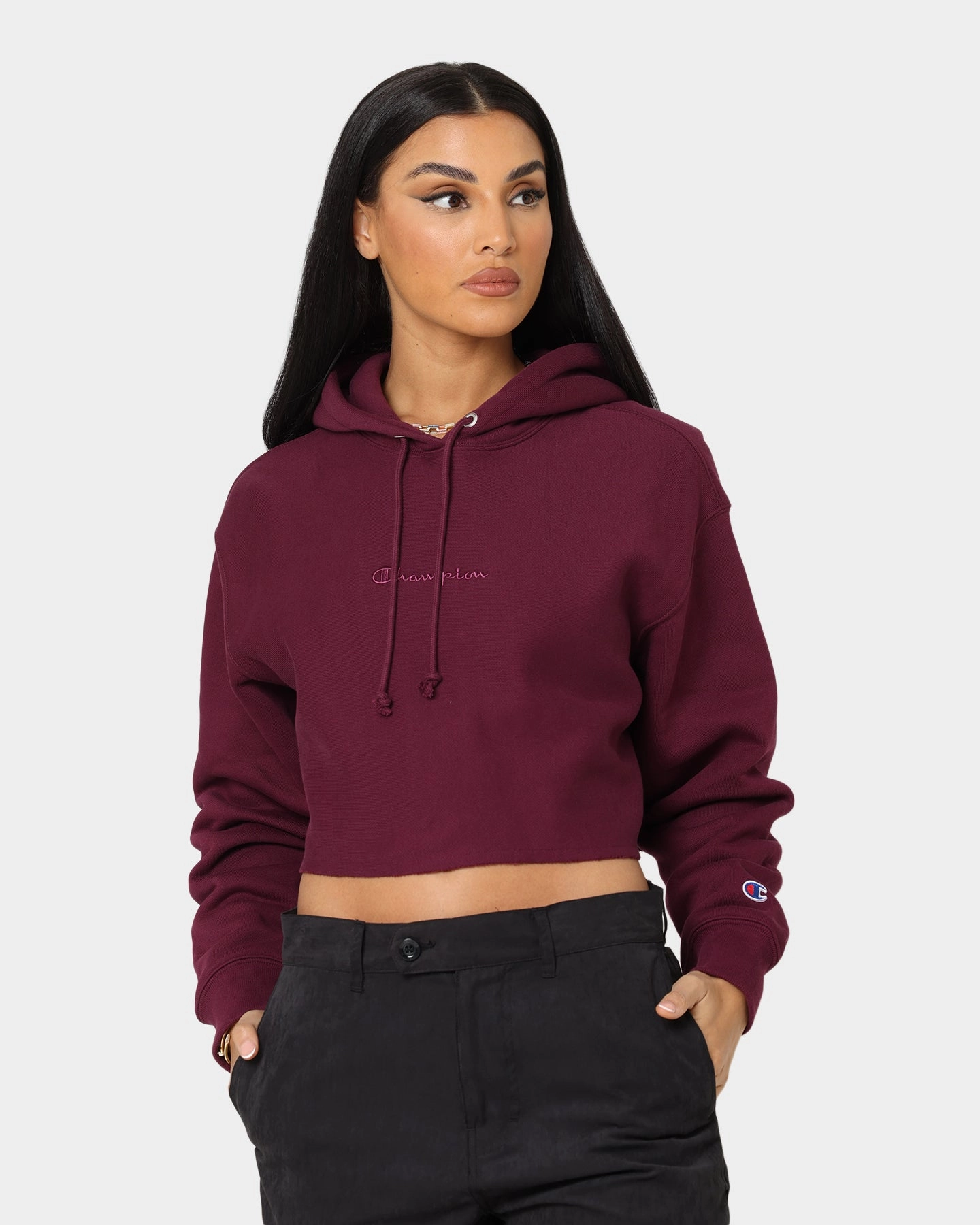 Quilted Panels Champion Women's Reverse Weave Tonal Crop Hoodie Dark Berry Purple