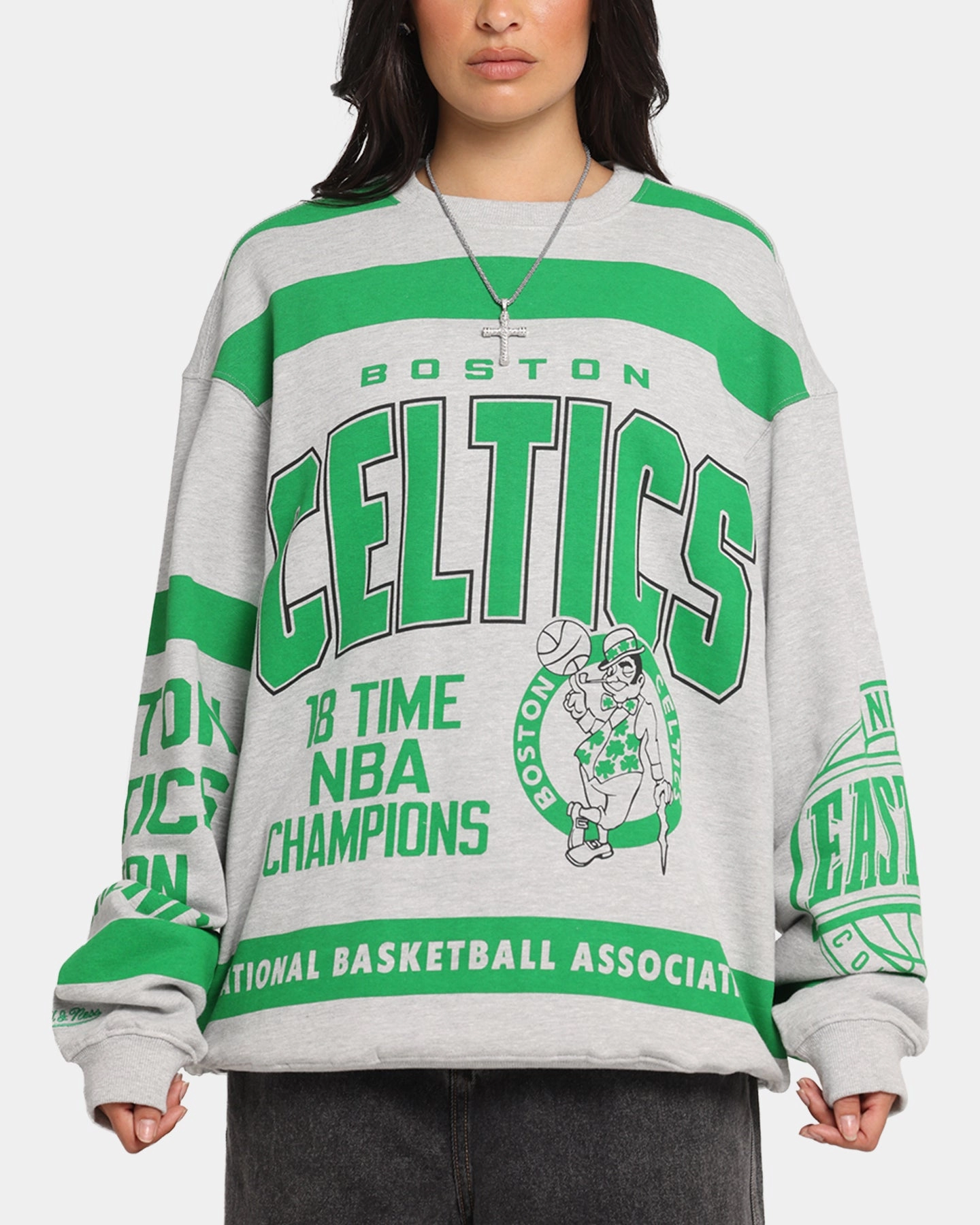 Hypoallergenic Interior Layer Microfiber texture Mitchell & Ness Boston Celtics Letterform Crewneck Grey Marle/Official Team Color