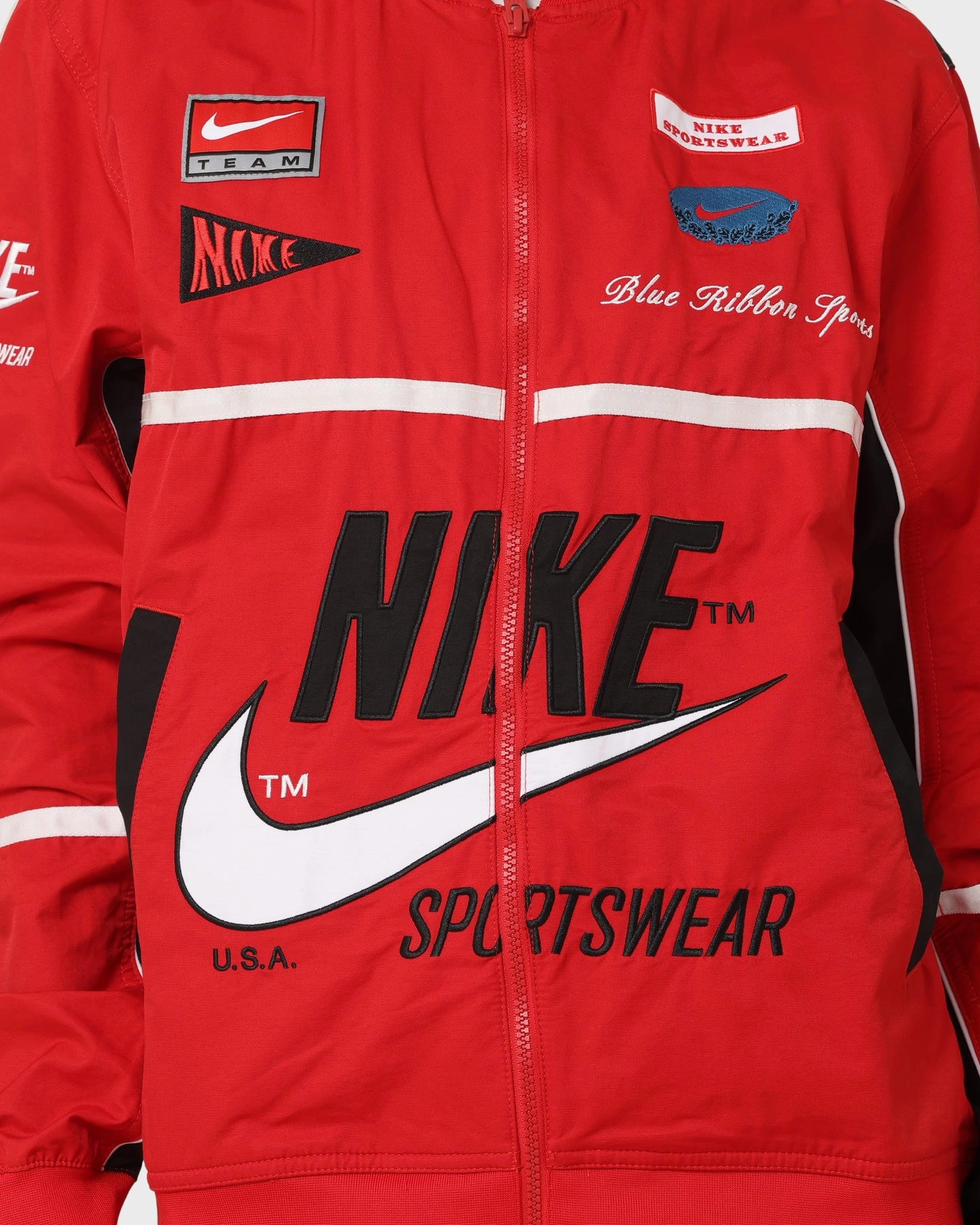 Nike Sportswear Mercato Woven Bomber Jacket University Red/Black/White Loop Fastened Hood Outdoor Style