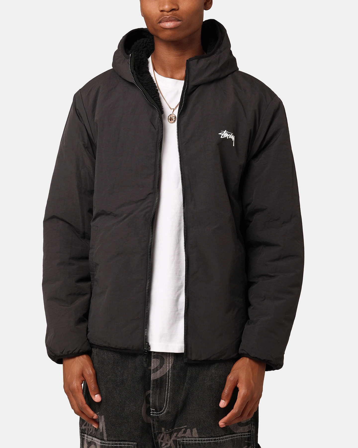 St??ssy 8 Ball Sherpa Reversible Hoodie Black Seamless Seams Adjustable Waist Tabs
