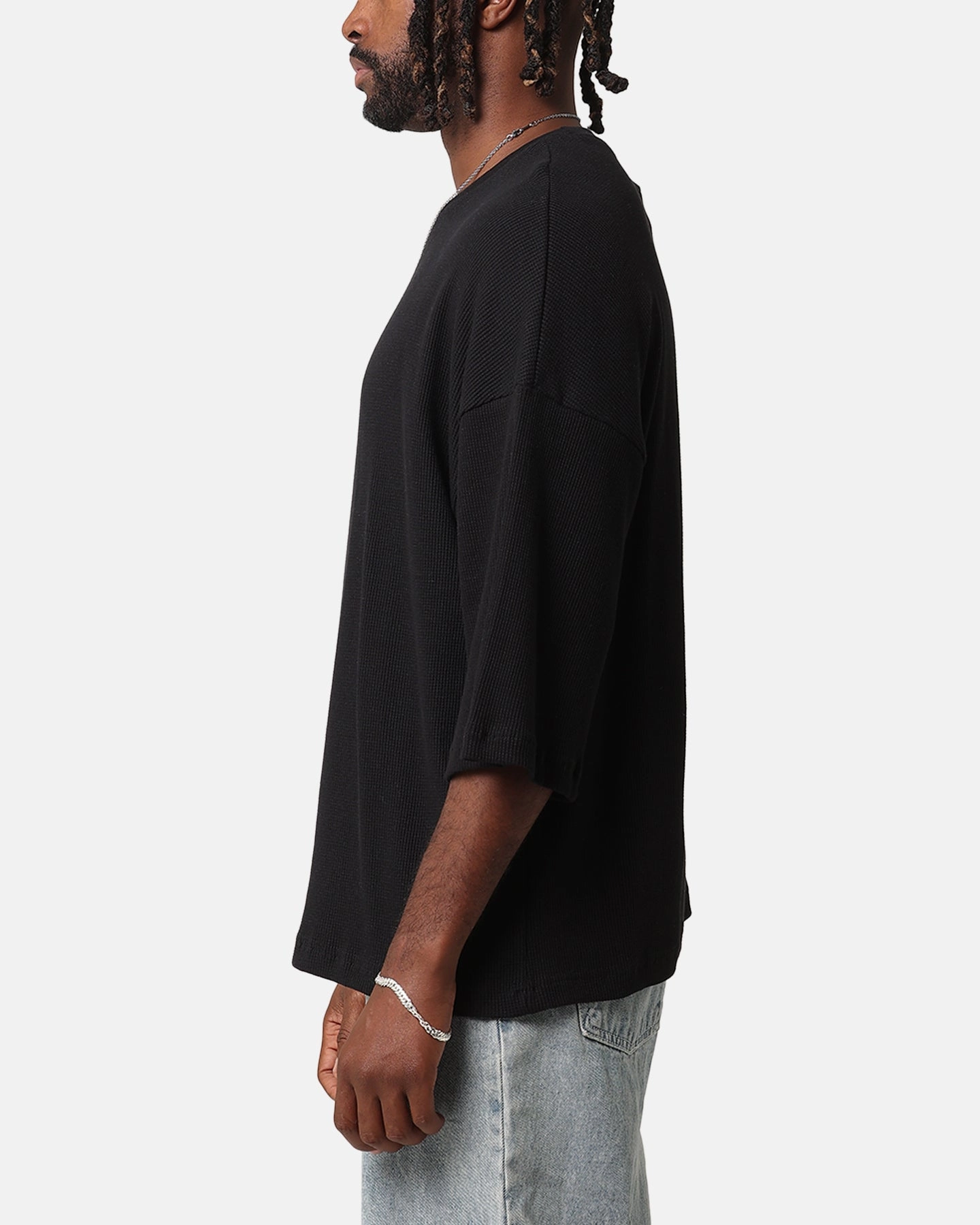 XXIII Waffle Midsleeve T-Shirt Black Cotton Blend PocketDetail