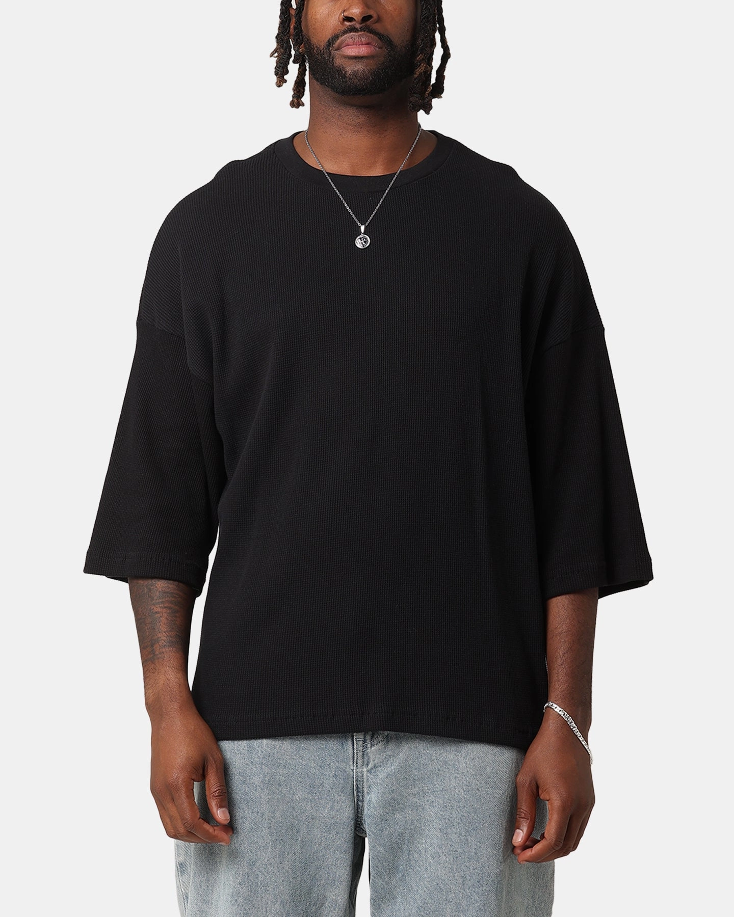 Light Style Street Style XXIII Waffle Midsleeve T-Shirt Black