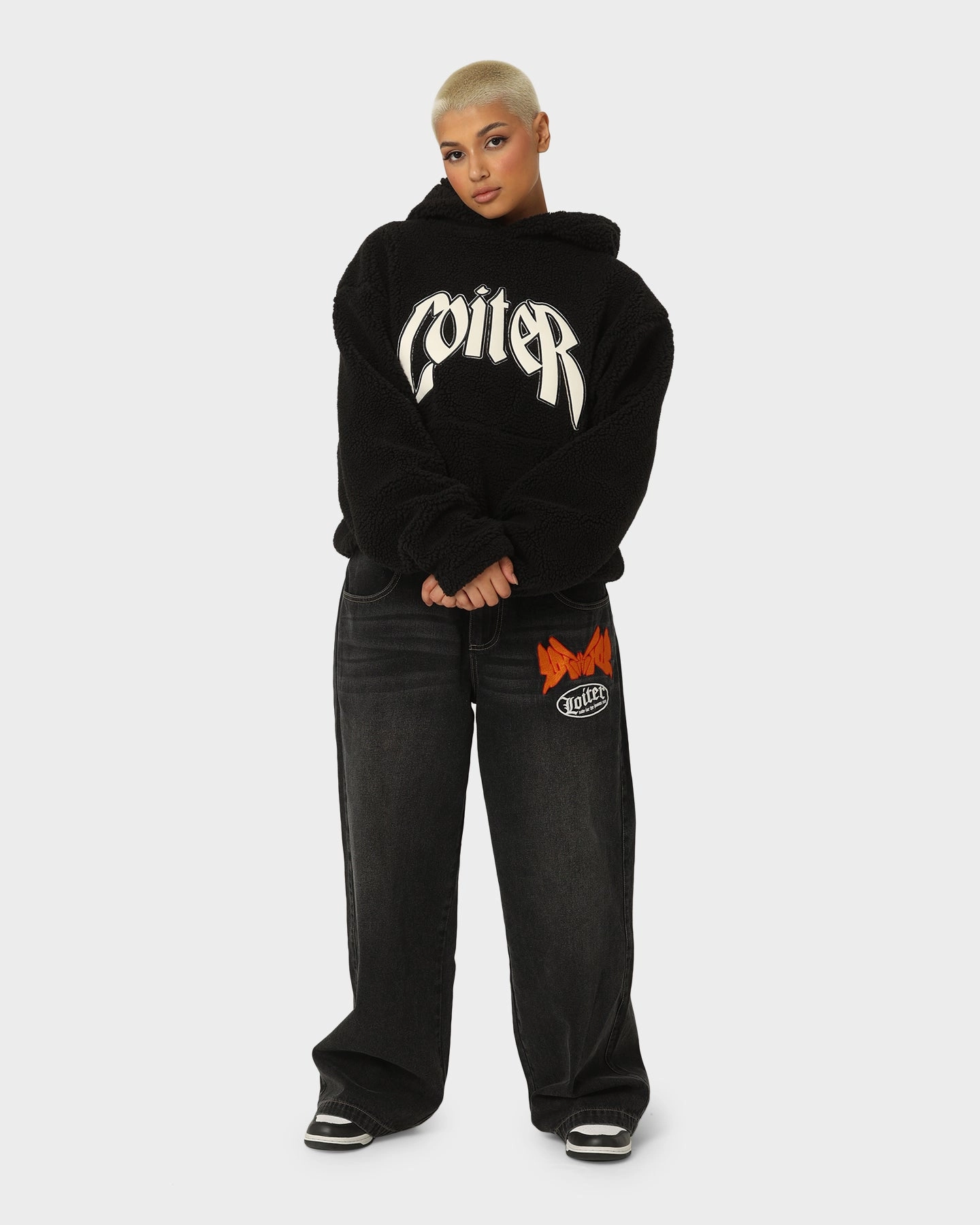 suitable for air sports Knee Length Loiter Sherpa Hoodie Black