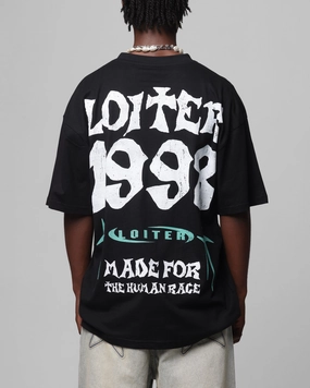 Heather Texture Finish Loiter Staple Logo Drop T-Shirt Black