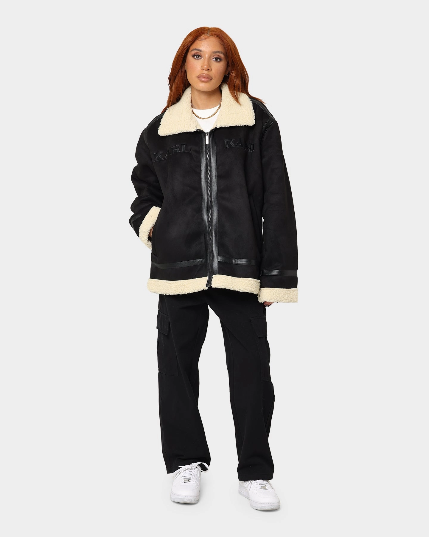 Heal Adjustable Hood Karl Kani Retro Faux Shearling Jacket Black