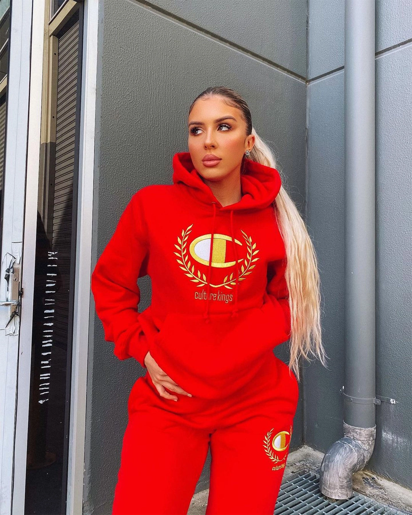 Champion Champion x Culture Kings Rev Weave Hoodie Red/Gold Silicone Grip Cuffs Optimize
