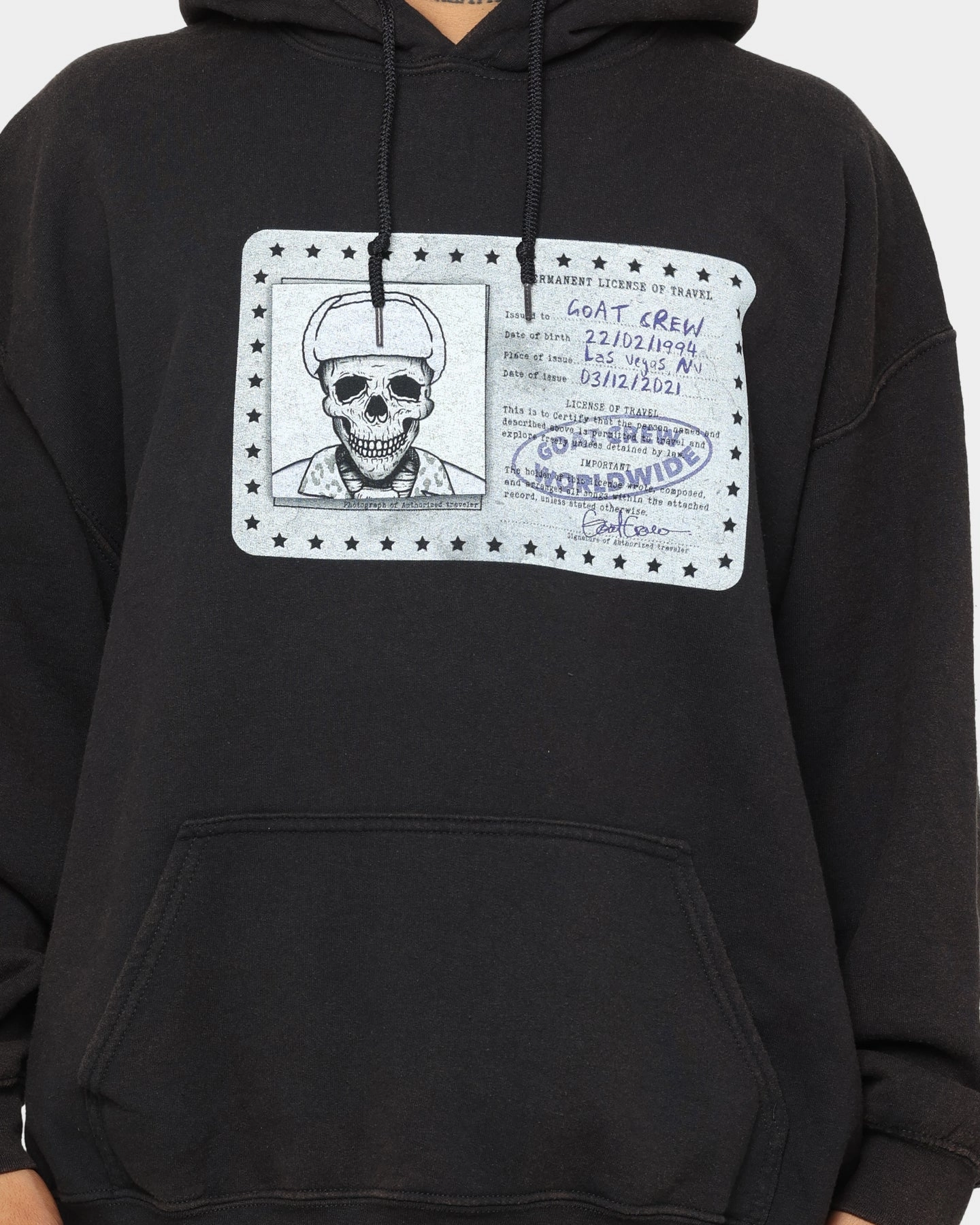 Goat Crew License Vintage Hoodie Black Wash Stand Up Collar