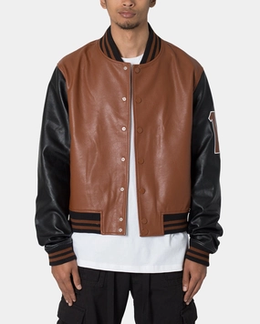 MNML PU Varsity Jacket Brown/Black Convertible Sleeve Options suitable for winter sports