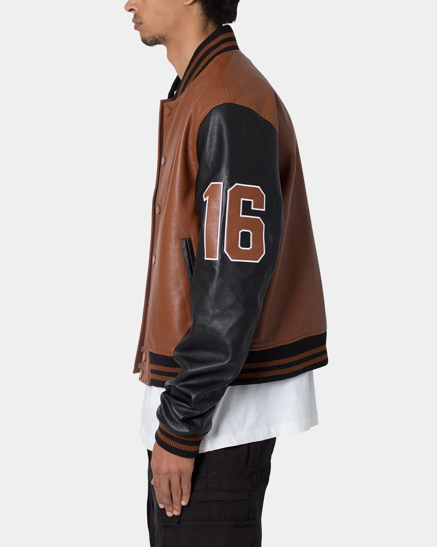 MNML PU Varsity Jacket Brown/Black Sleek Outerwear