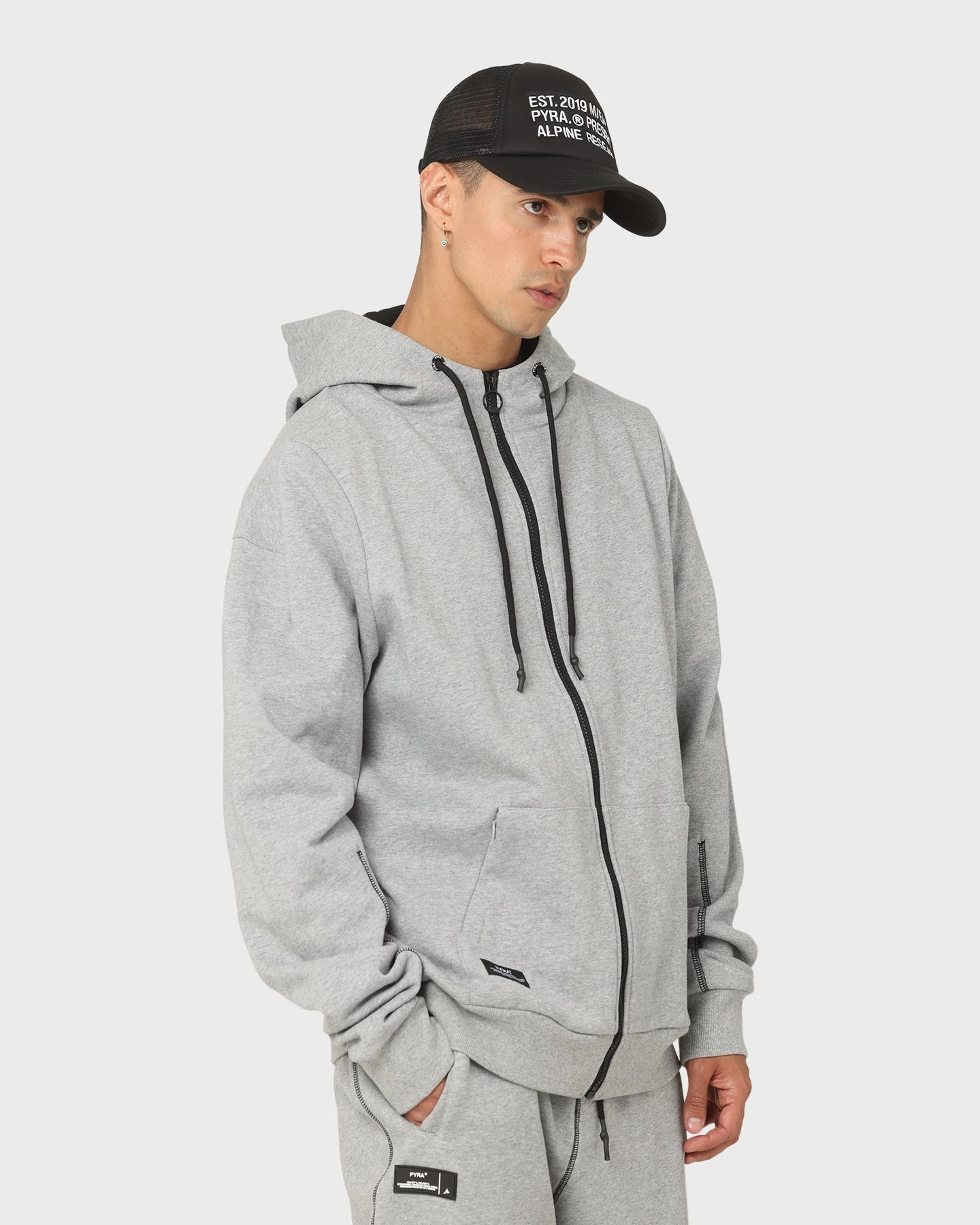 PYRA Zip Through Hoodie Grey Marle scarf suitable for video shooting
