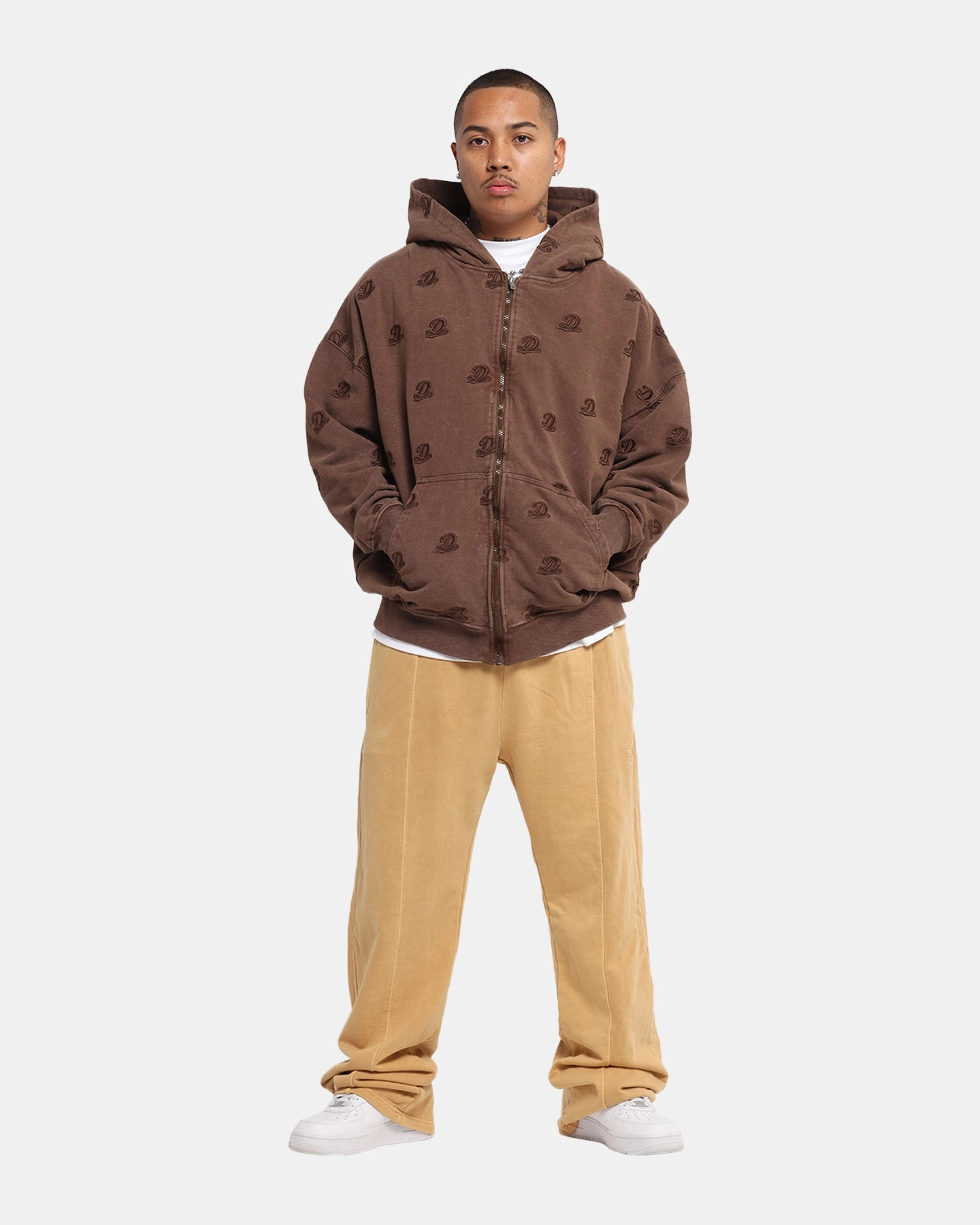 Shock Absorbing Dreamville Logo All Over Zip Hoodie Brown
