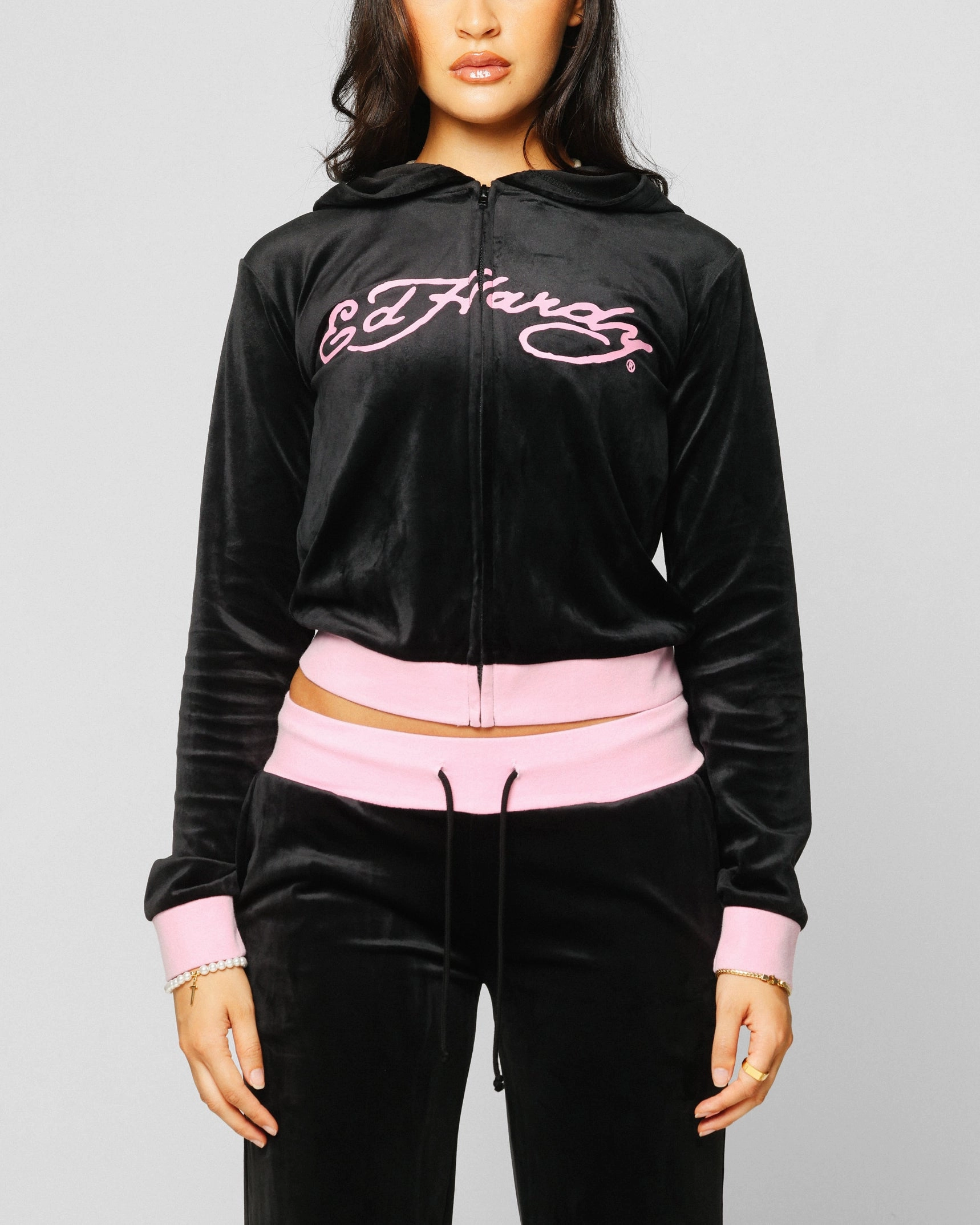Softshell Fabric Paper Ed Hardy Women's Cropped Hoodie Black/Pink