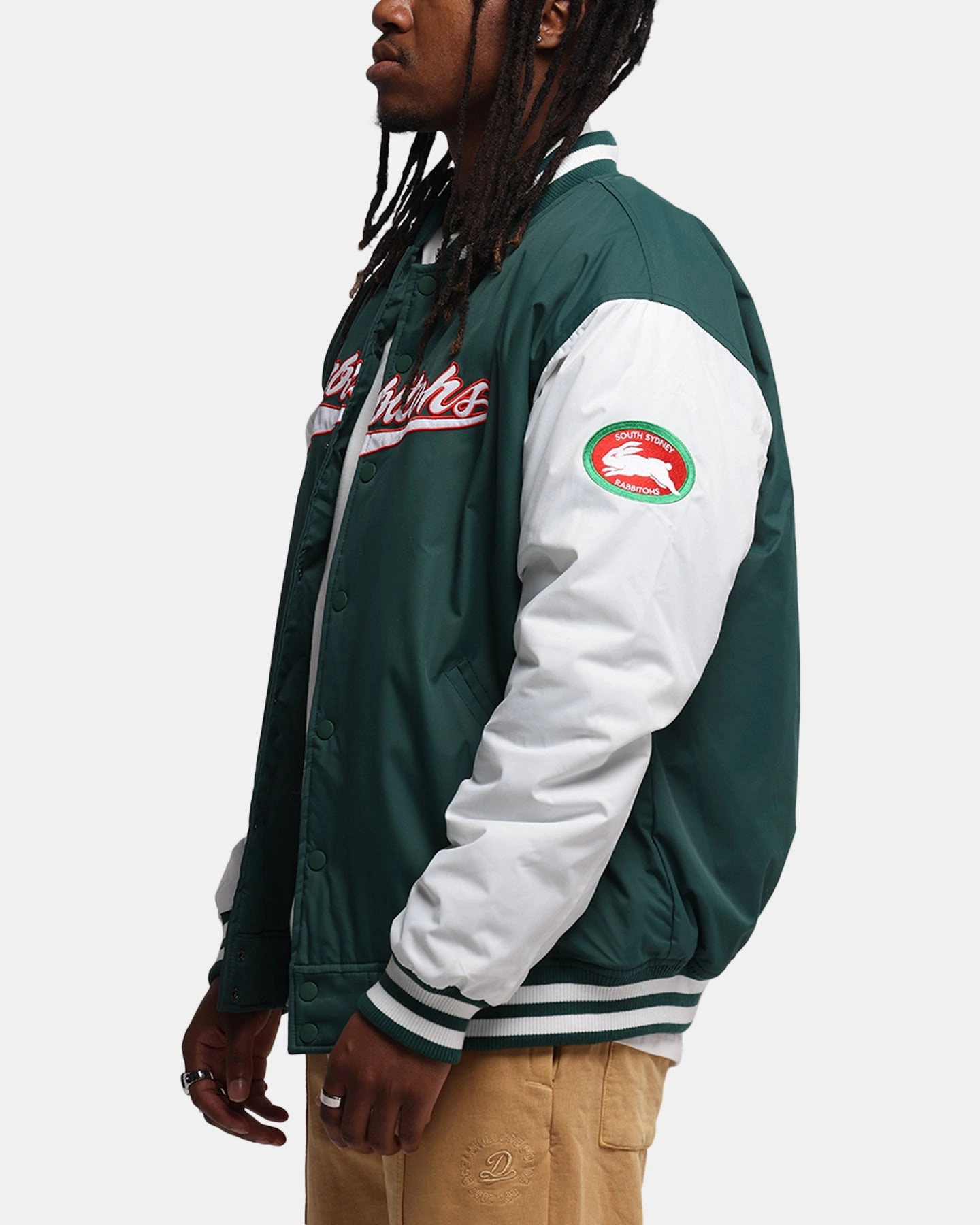 Ergonomic Stitching Bleacher Athletic South Sydney Rabbitohs NRL 1908 Baseball Varsity Jacket Official Team Colour