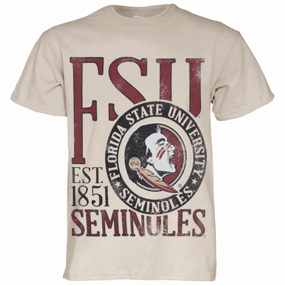 Everyday Look Wear BioBased Fibers Blue 84 Men's FSU Seminoles/Seminole Logo Oversized Design Short Sleeve Garment Dyed T-shirt - Cappuccino
