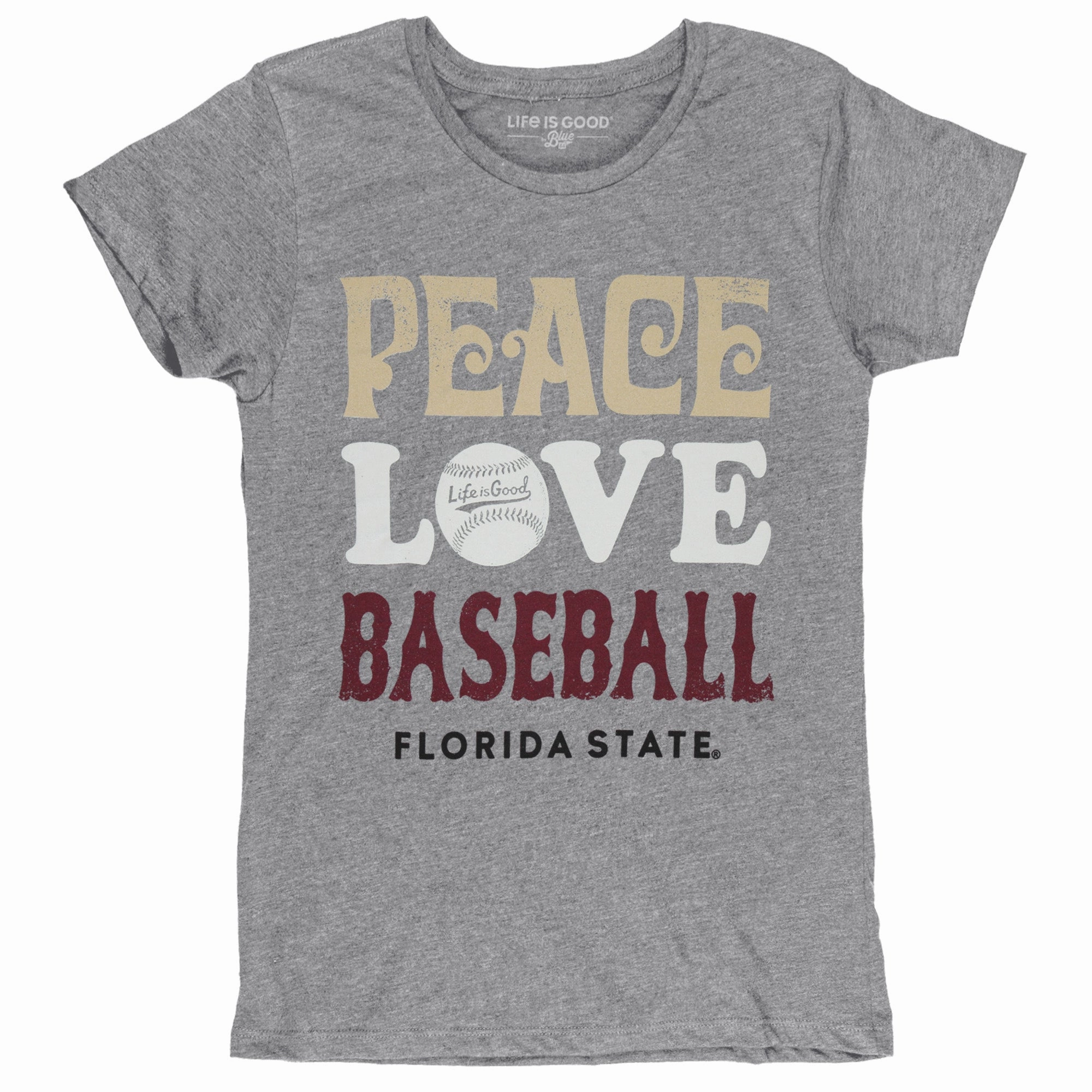 Blue 84 Women's Florida State Peace Love Baseball Design Short Sleeve T-shirt - Heather Grey Street Trend Look Sporty Design