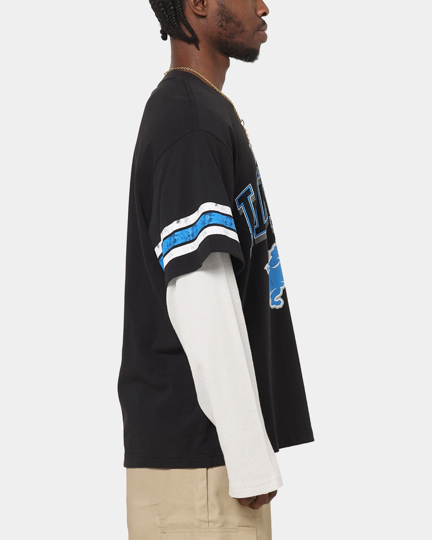 Chic Style Mitchell & Ness Detroit Lions Waffle Mock Layer Long Sleeve T-Shirt Black