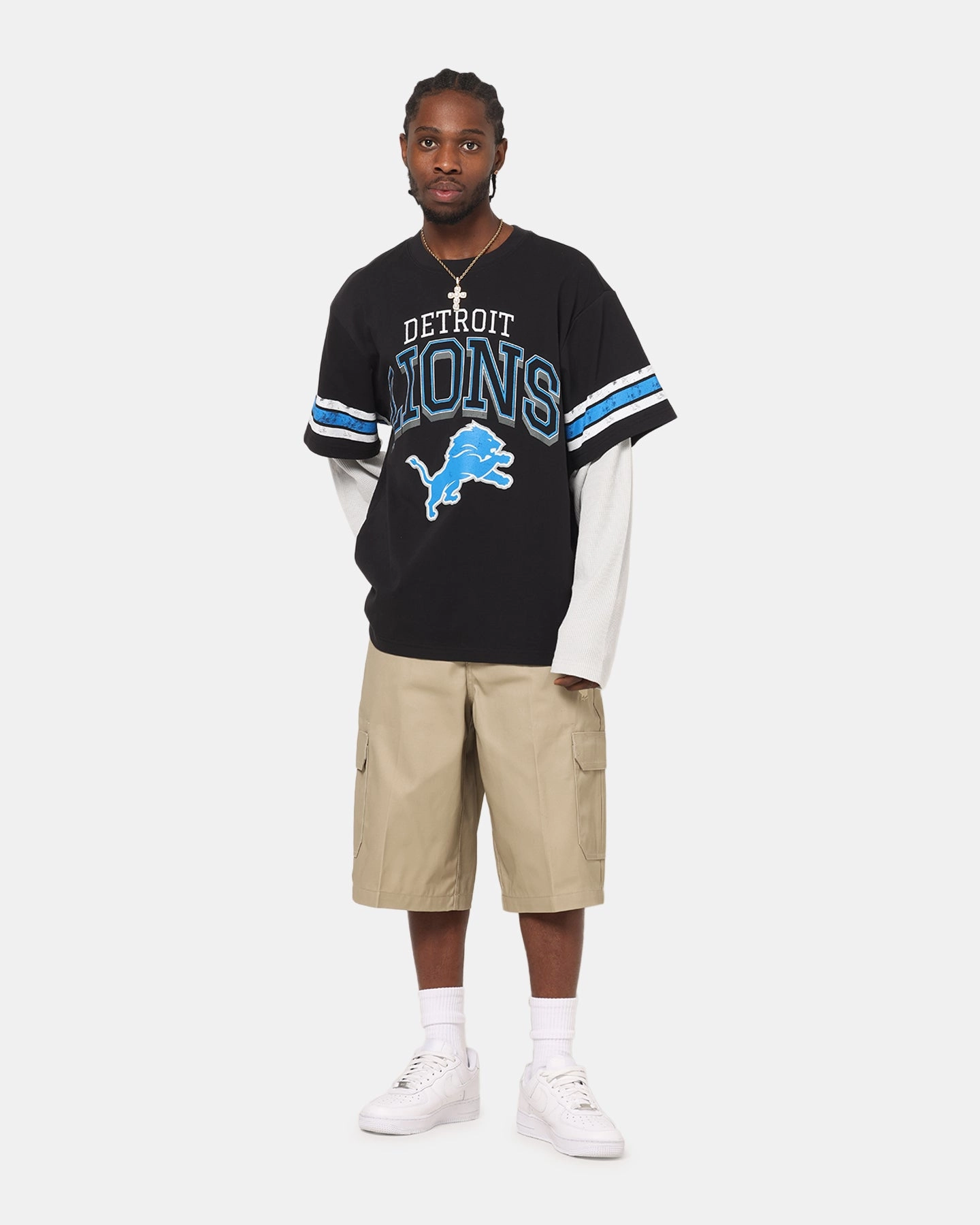 Mitchell & Ness Detroit Lions Waffle Mock Layer Long Sleeve T-Shirt Black Loose Fit