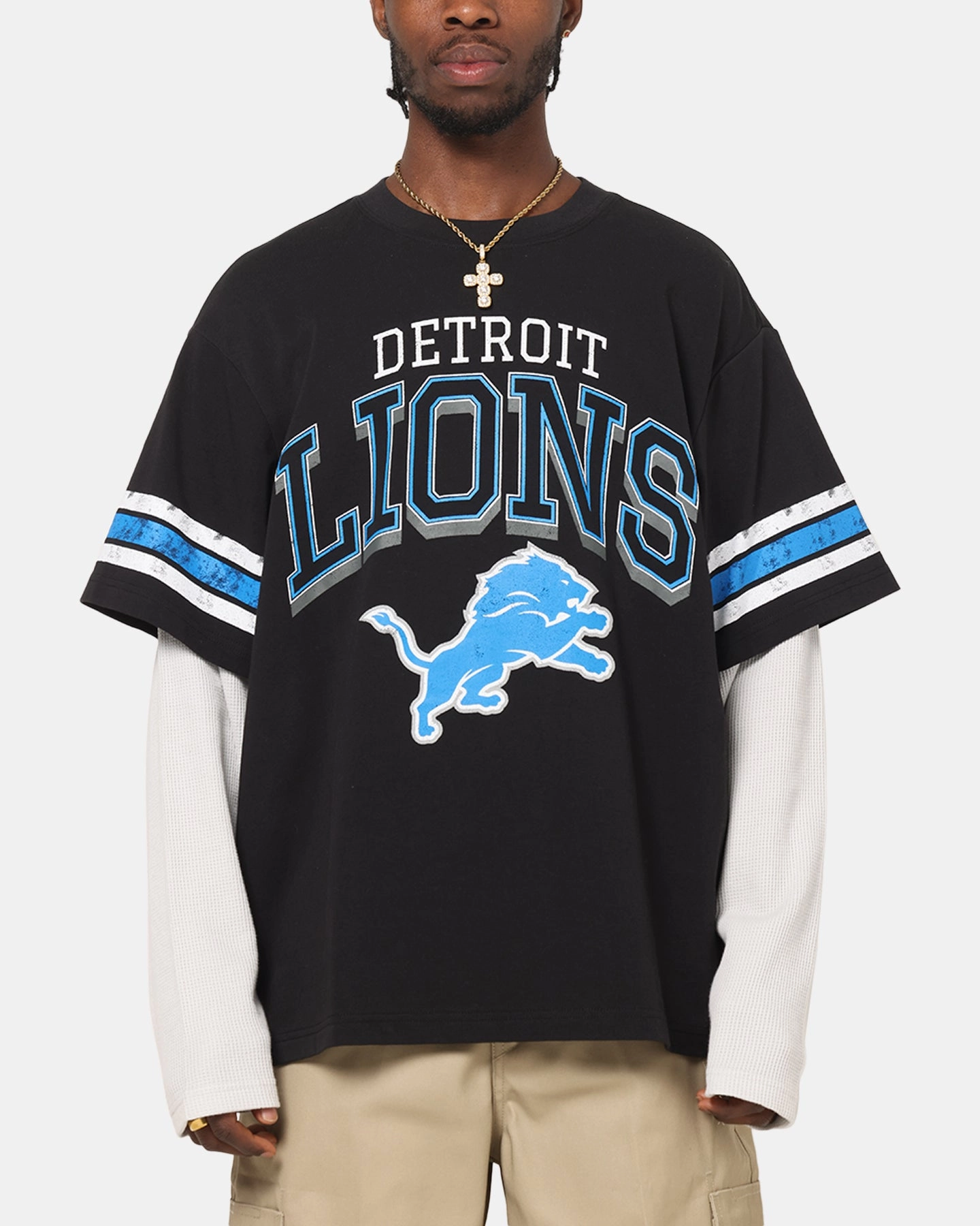 Stretchable Daily Casual Mitchell & Ness Detroit Lions Waffle Mock Layer Long Sleeve T-Shirt Black