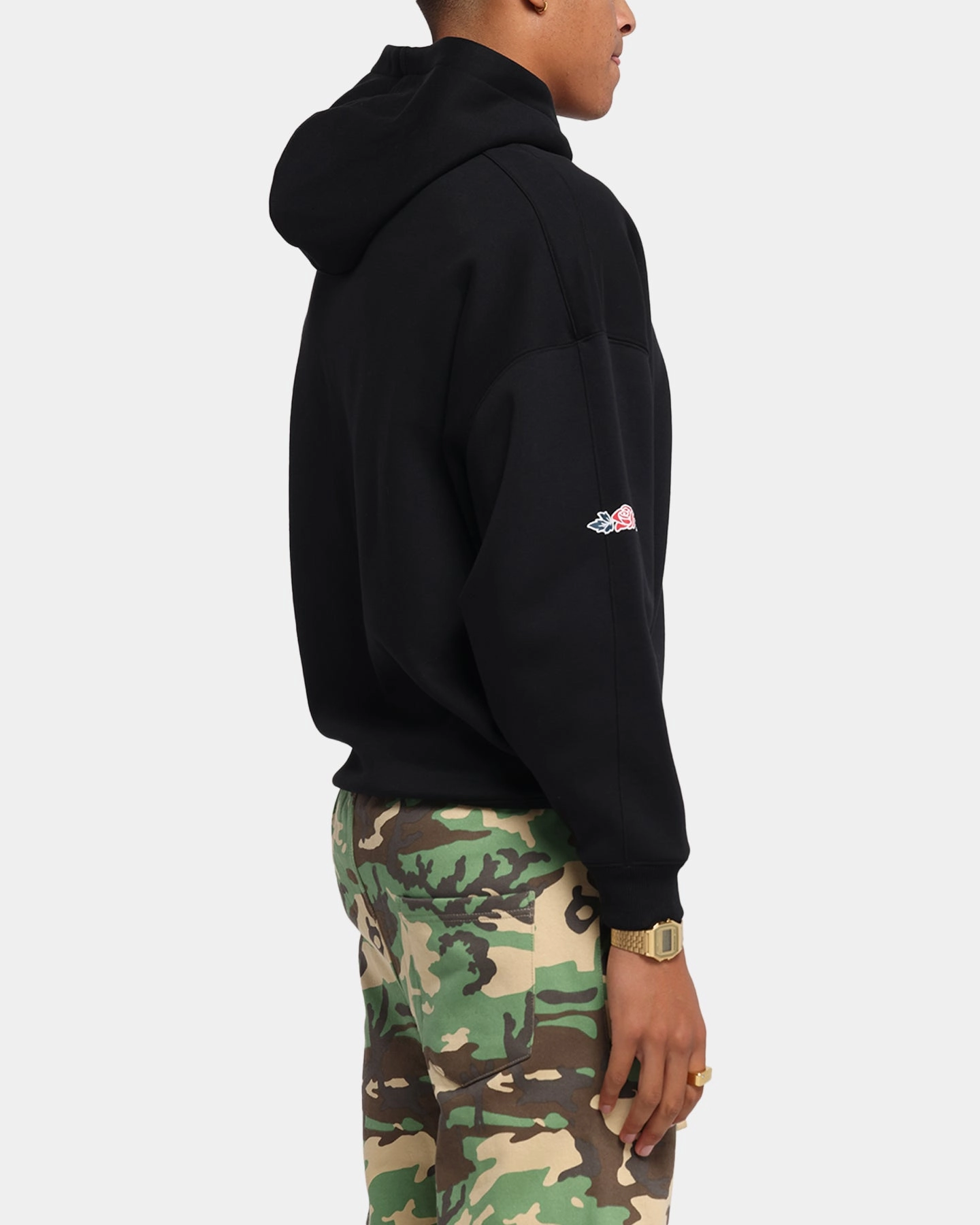 Reinforced Shoulder Structure Carre Rosebud Oversized Hoodie Black