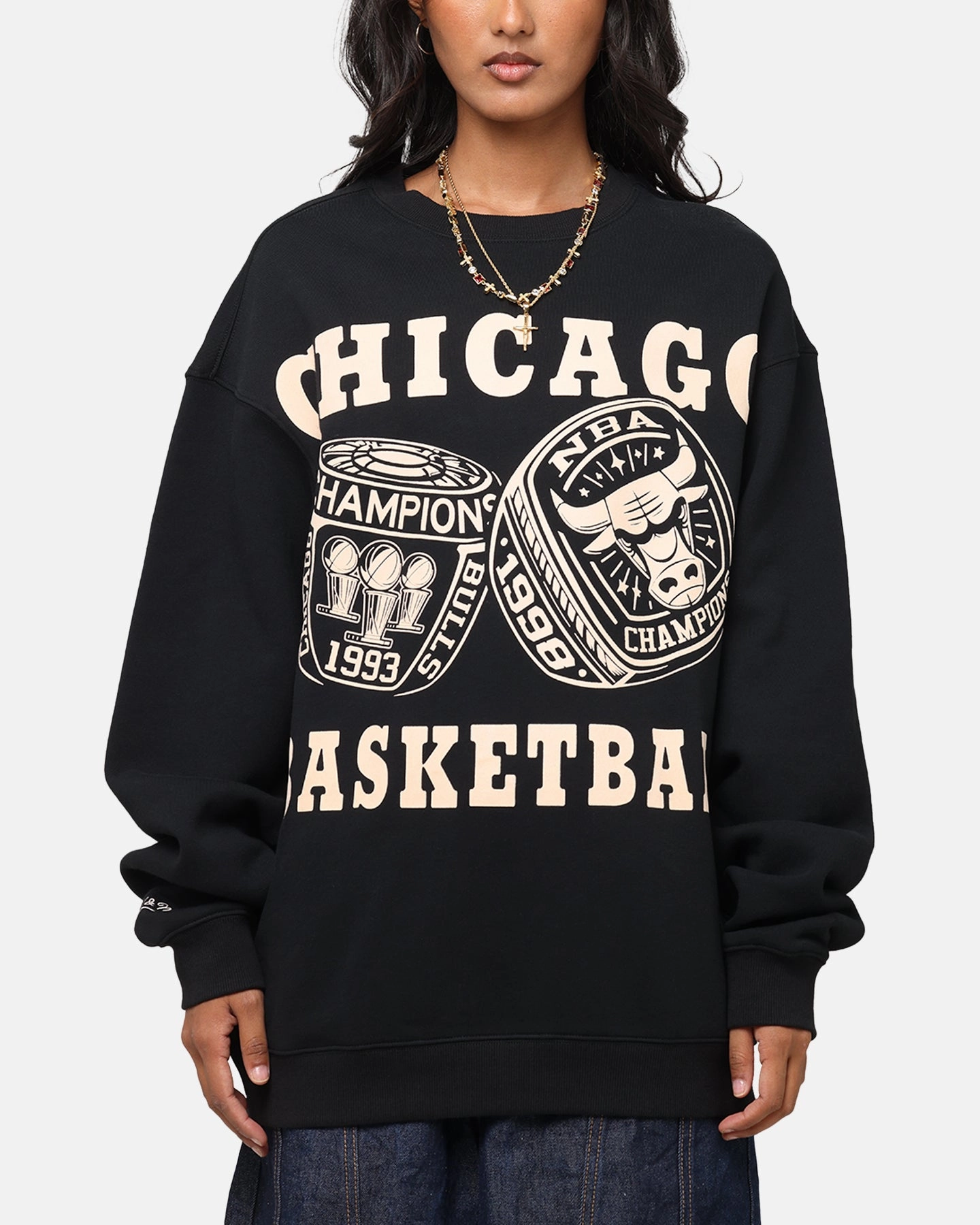 Mitchell & Ness Chicago Bulls Rings Crewneck Black WindResistant Coating Sealed Seam Construction