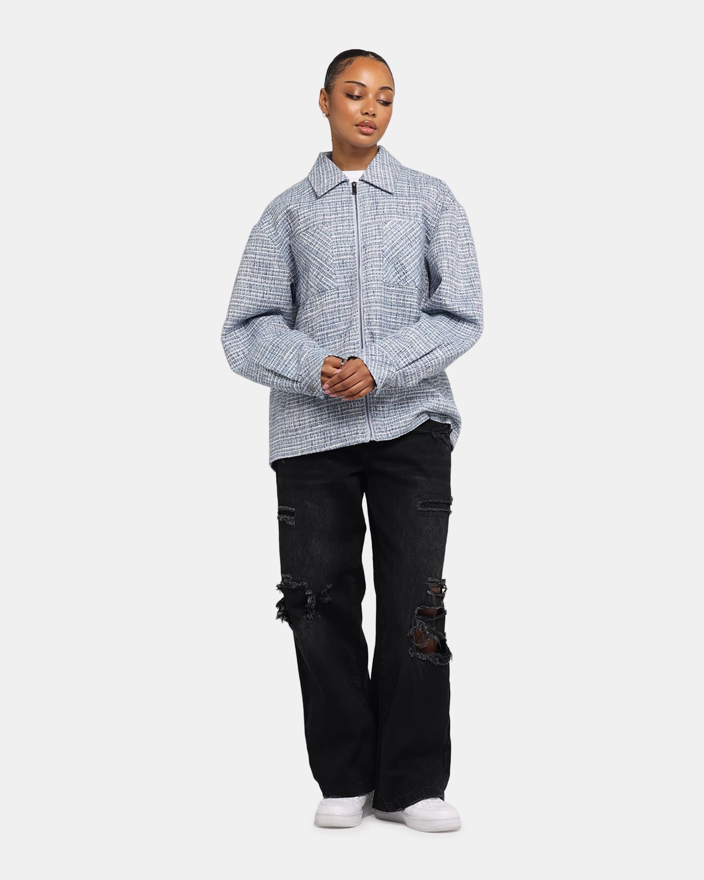 XXIII Boucle Tweed Zip Jacket Teal/Blue/Purple Ergonomic Fit