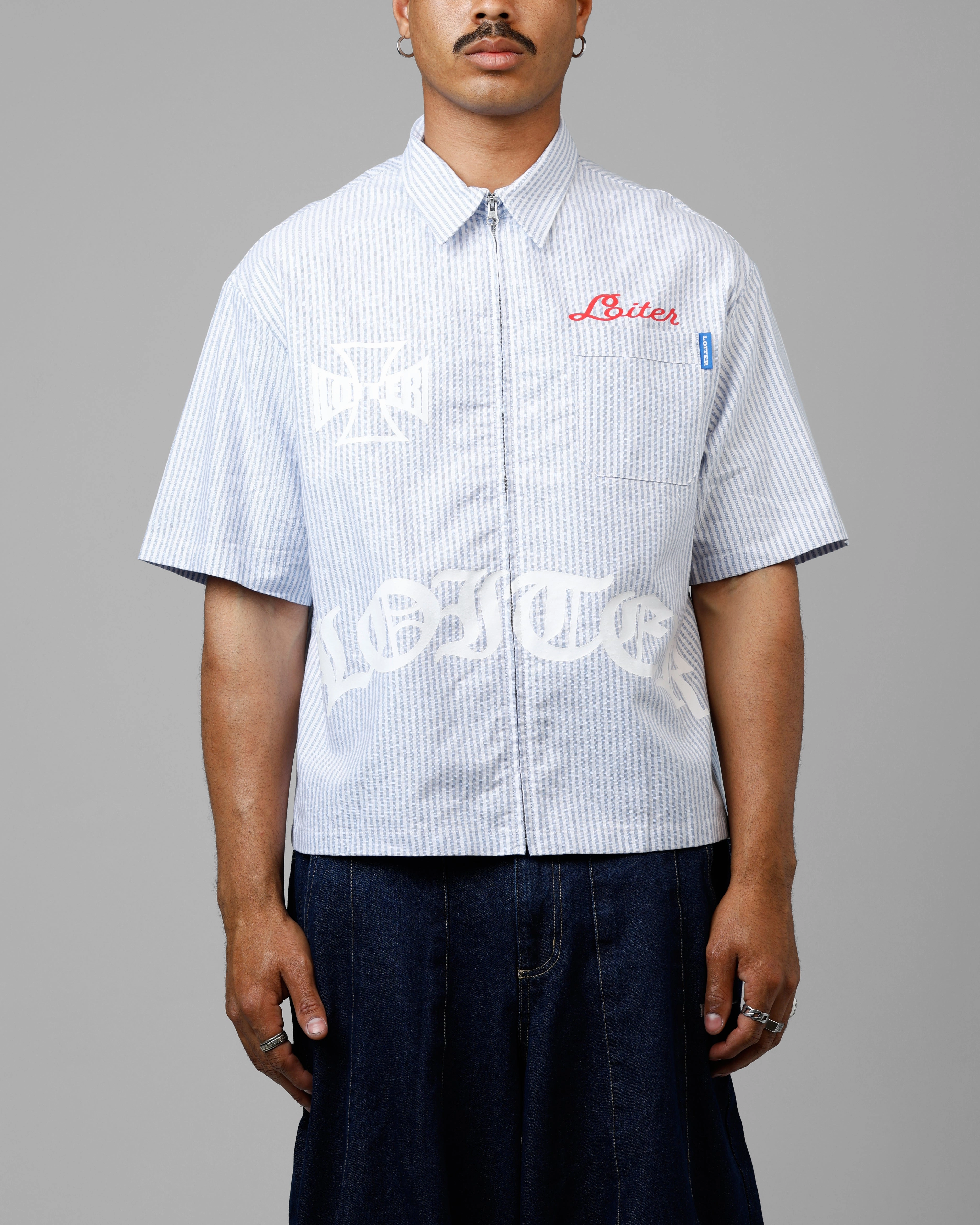 High-End Finish No Slip Shoulder Grips Loiter Chopper Work Shirt Blue/White