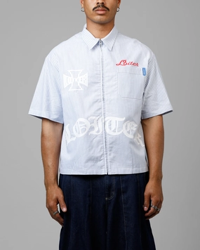 High-End Finish No Slip Shoulder Grips Loiter Chopper Work Shirt Blue/White