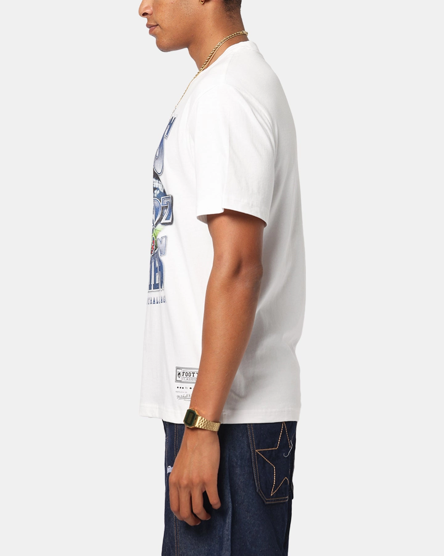 Pocket Detailing Mitchell & Ness Geelong Cats Mascot T-Shirt Vintage White