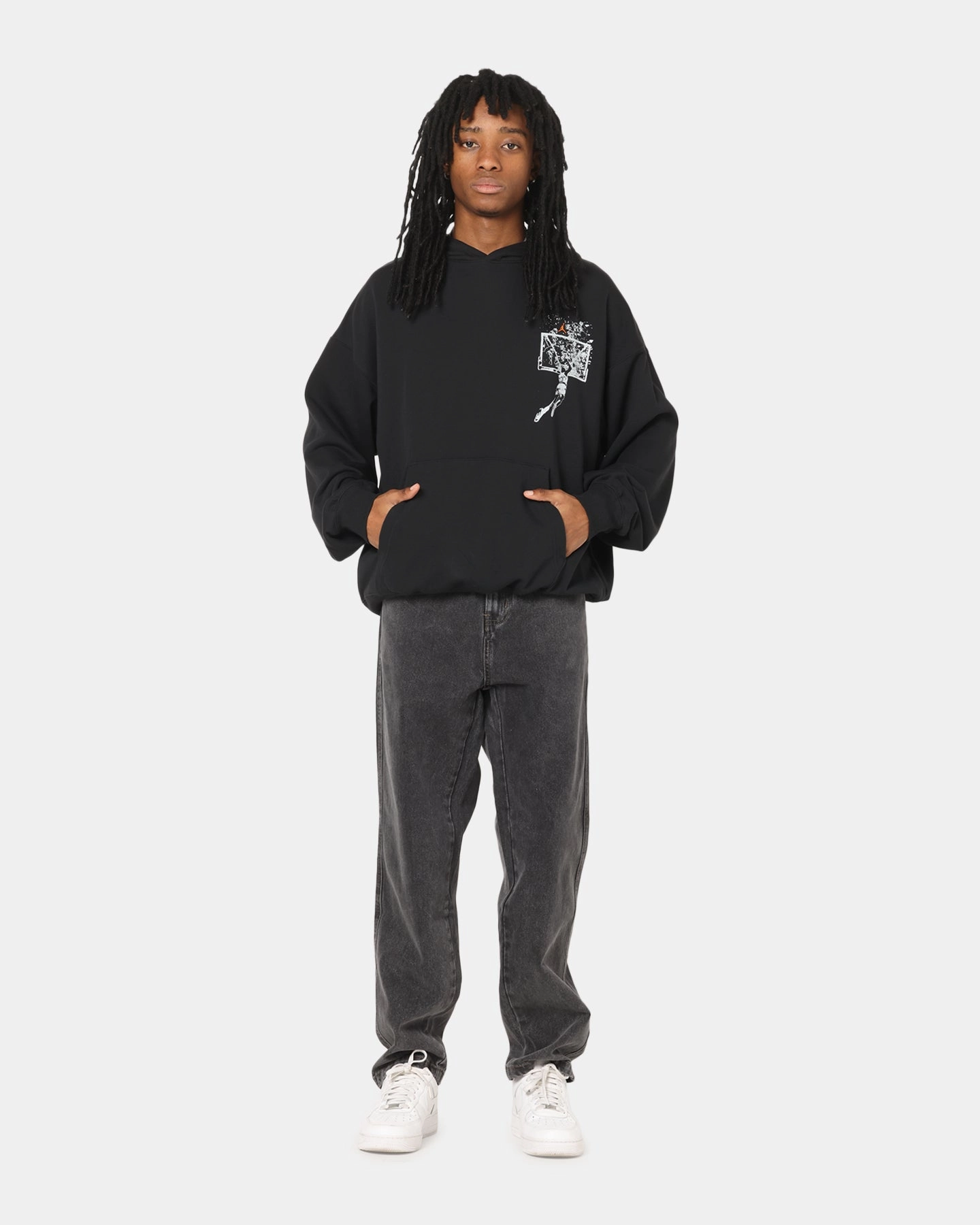 Logistics - friendly single - wheel drive Jordan Brooklyn Shattered Back Board Oversized Pullover Hoodie Black