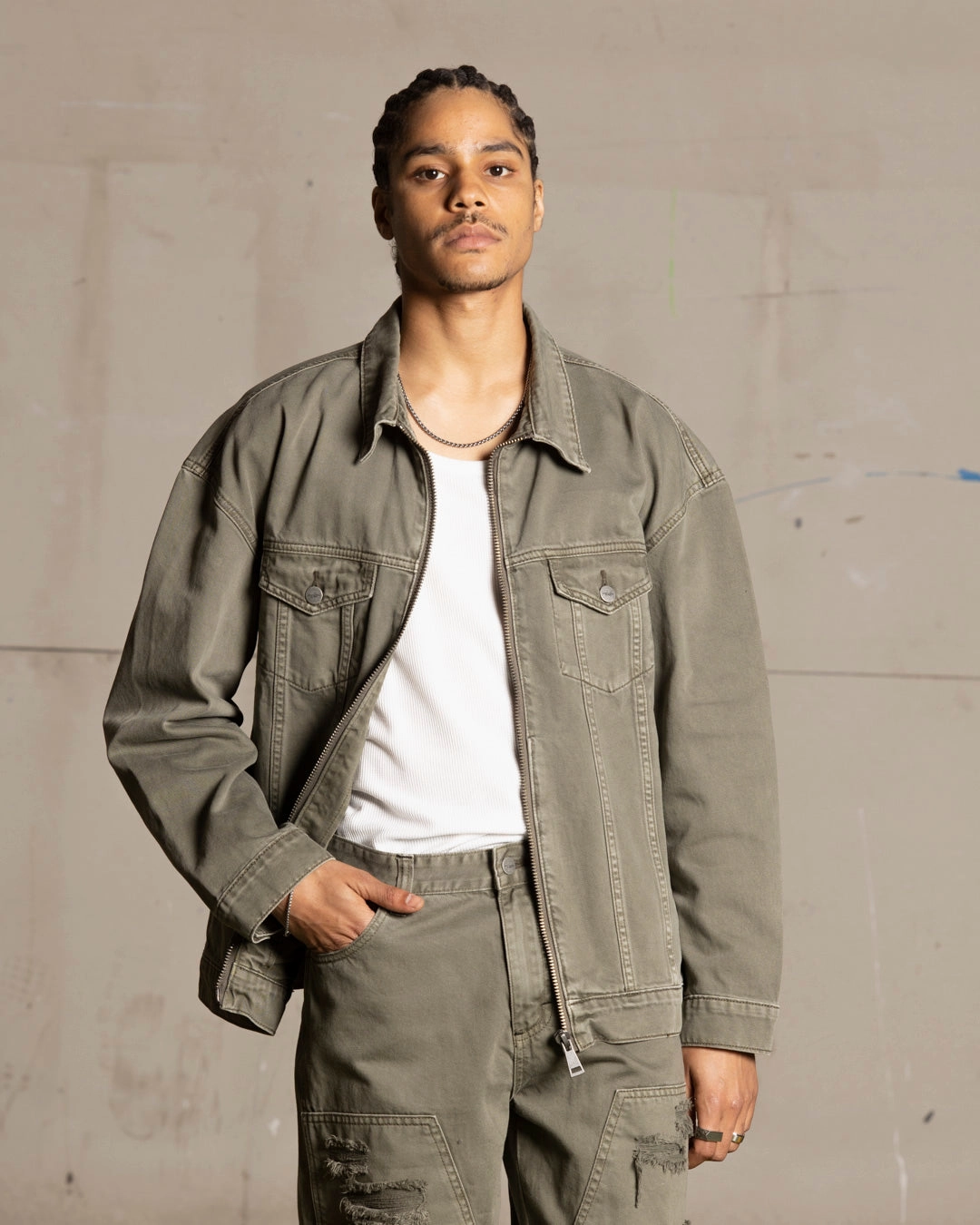 Saint Morta Oversized Denim Jacket Khaki Green Softshell Fabric